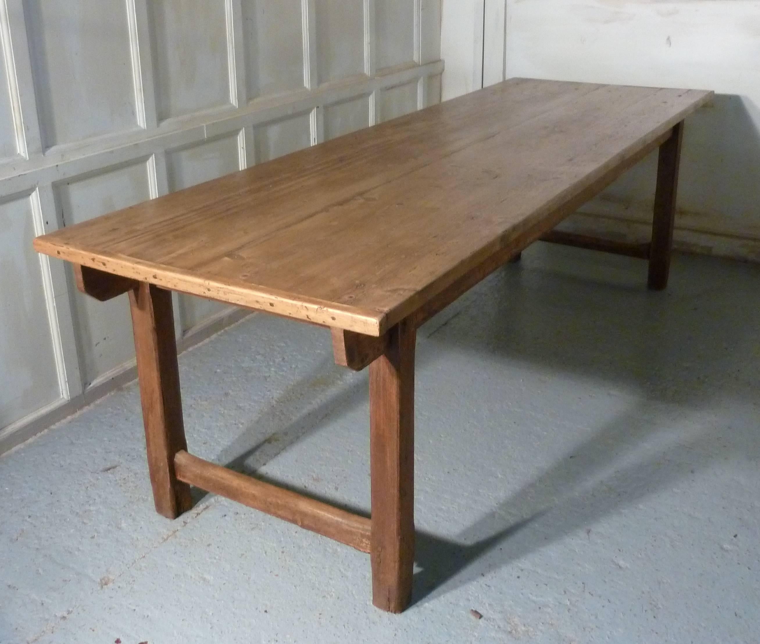 Large 19th Century French Rustic Pine Table, Cleated 2 Plank Farmhouse Top 1