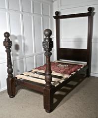 Pair of Gothic Carved Oak Four Poster Single/Double Beds, 16th Century Carving
