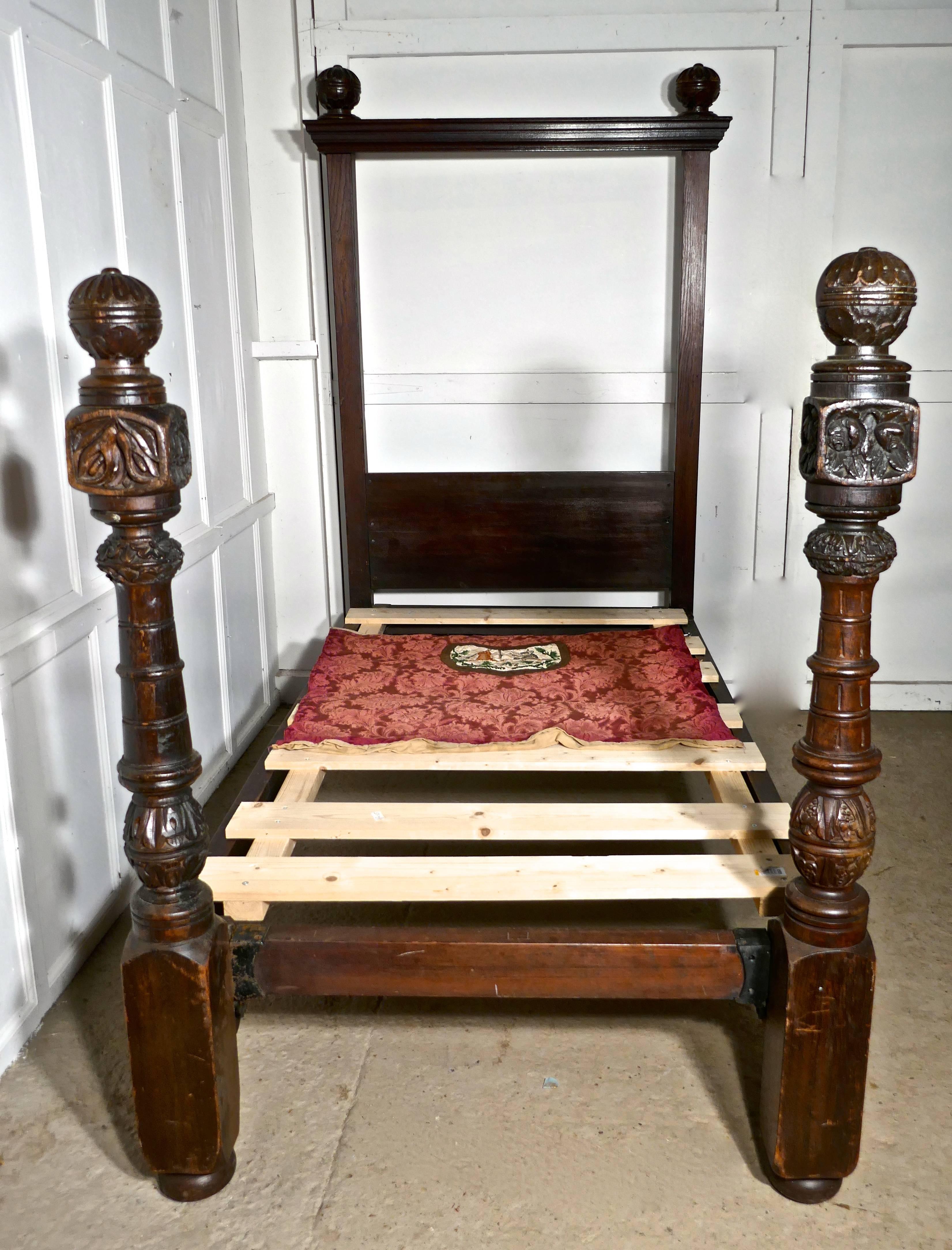 English Pair of Gothic Carved Oak Four Poster Single/Double Beds, 16th Century Carving