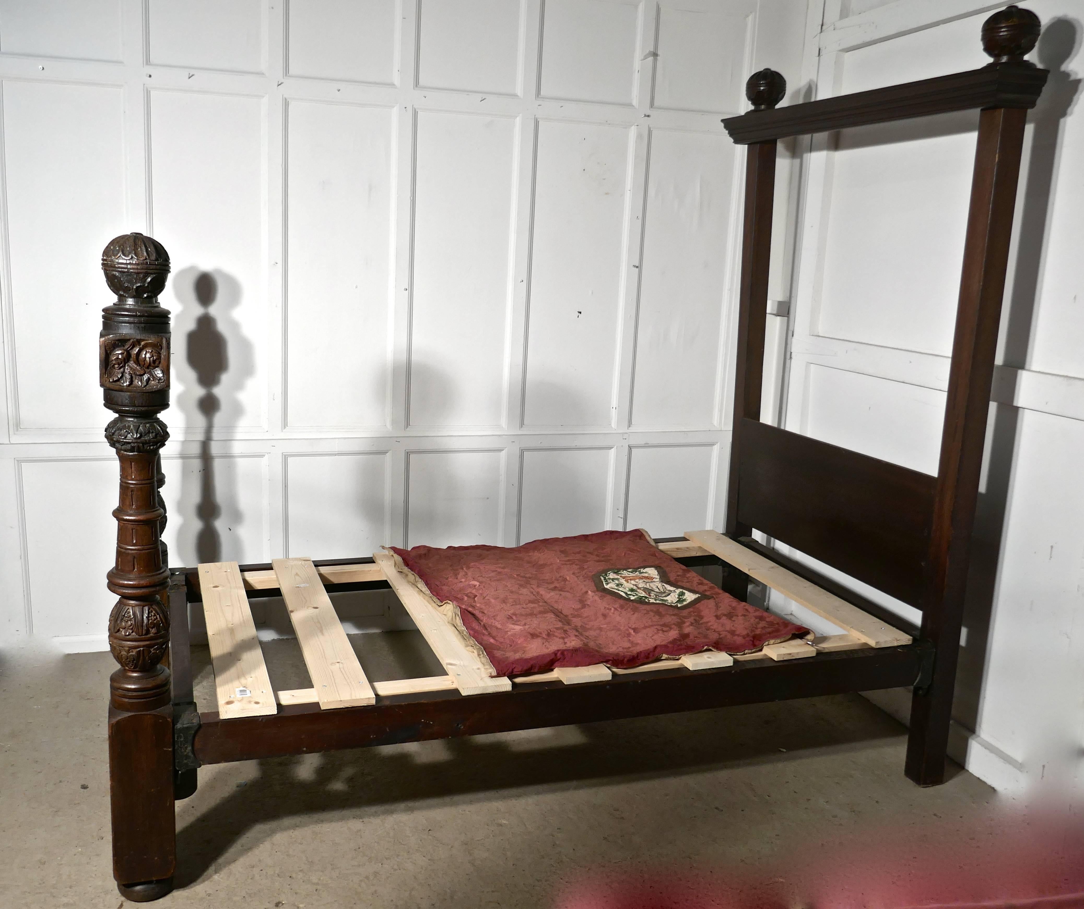 18th Century and Earlier Pair of Gothic Carved Oak Four Poster Single/Double Beds, 16th Century Carving