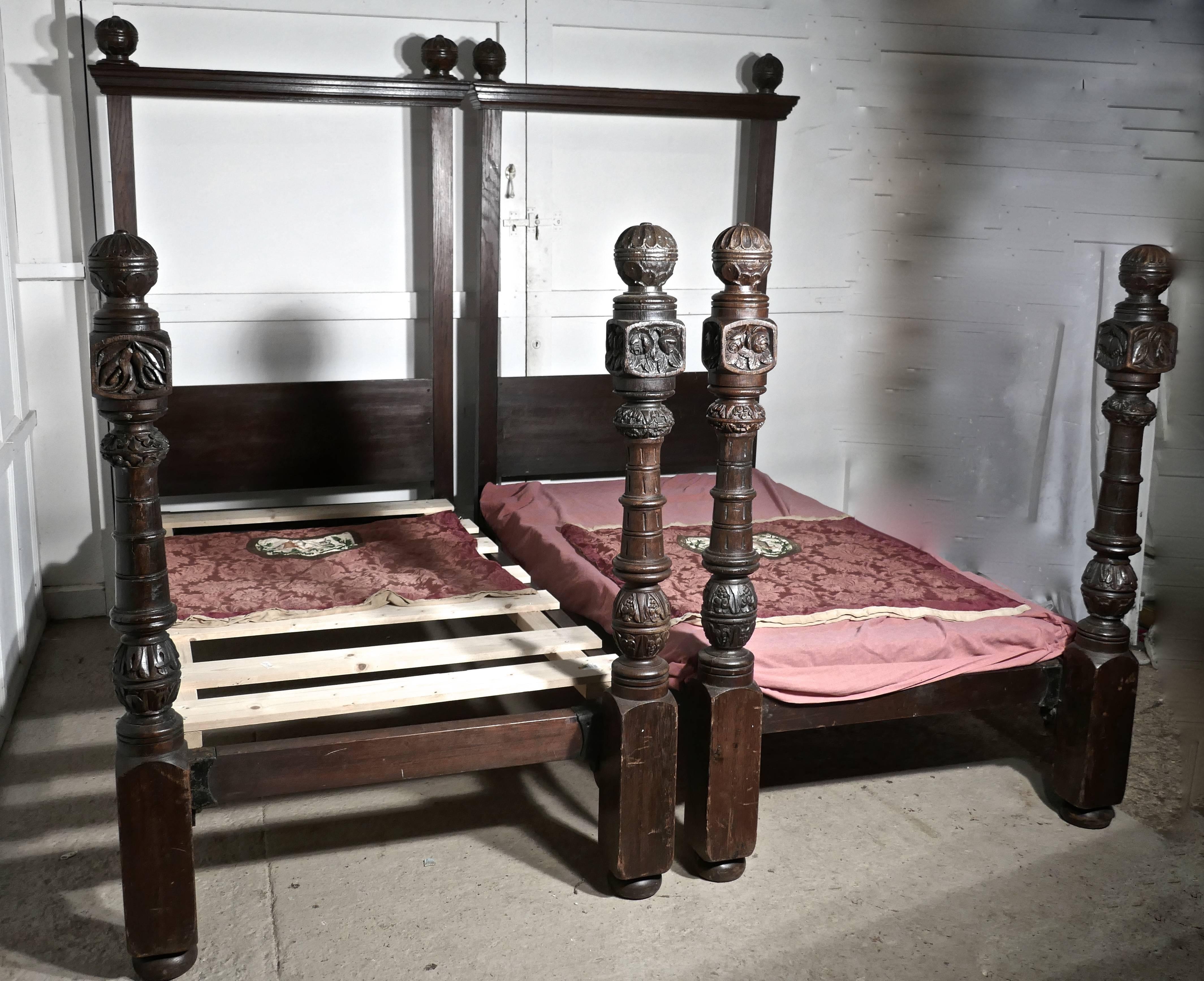 Pair of Gothic Carved Oak Four Poster Single/Double Beds, 16th Century Carving 1