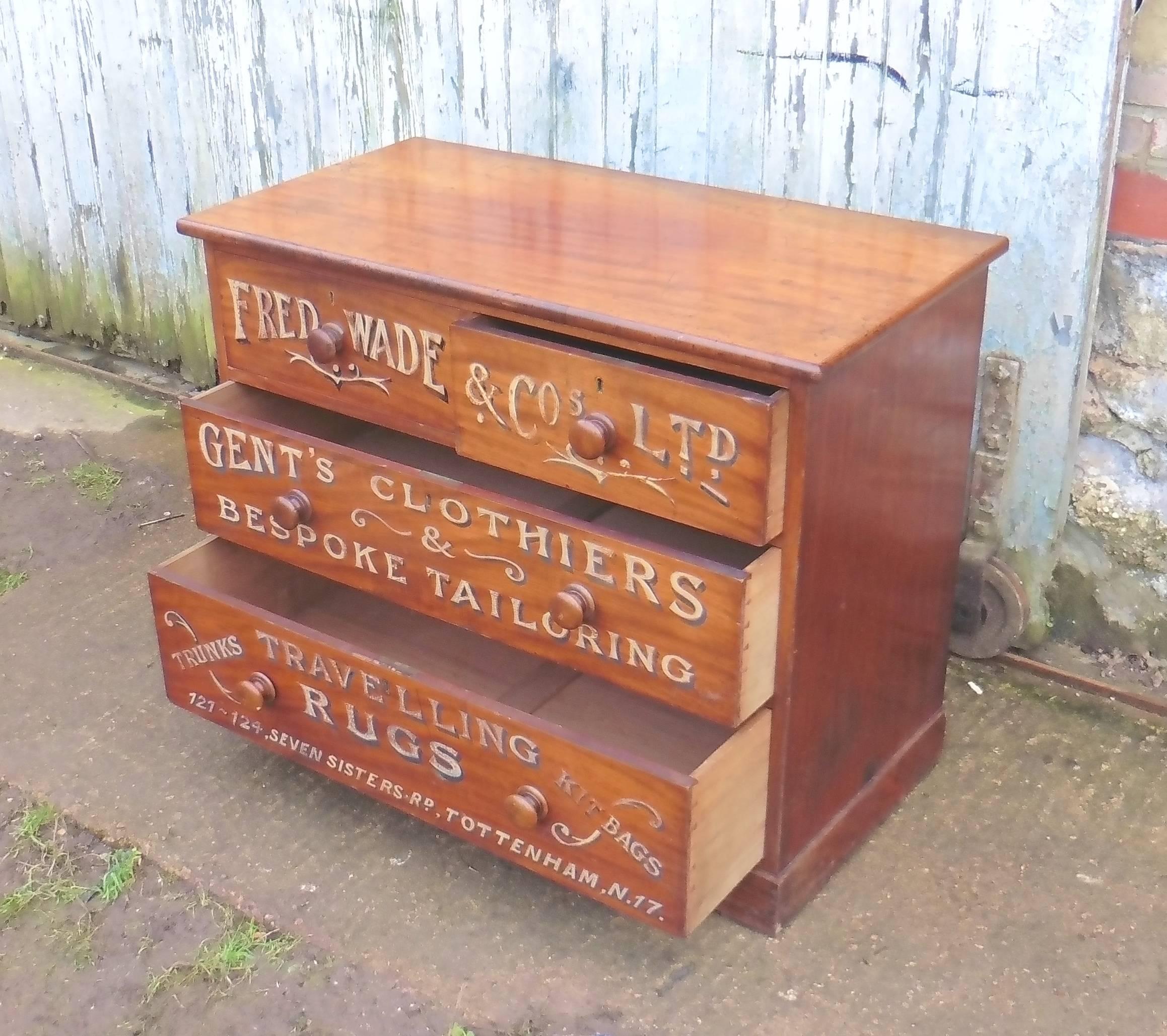 English Victorian Mahogany Sign Painted Chest of Drawers Fred Wade Gentleman’s Outfitter