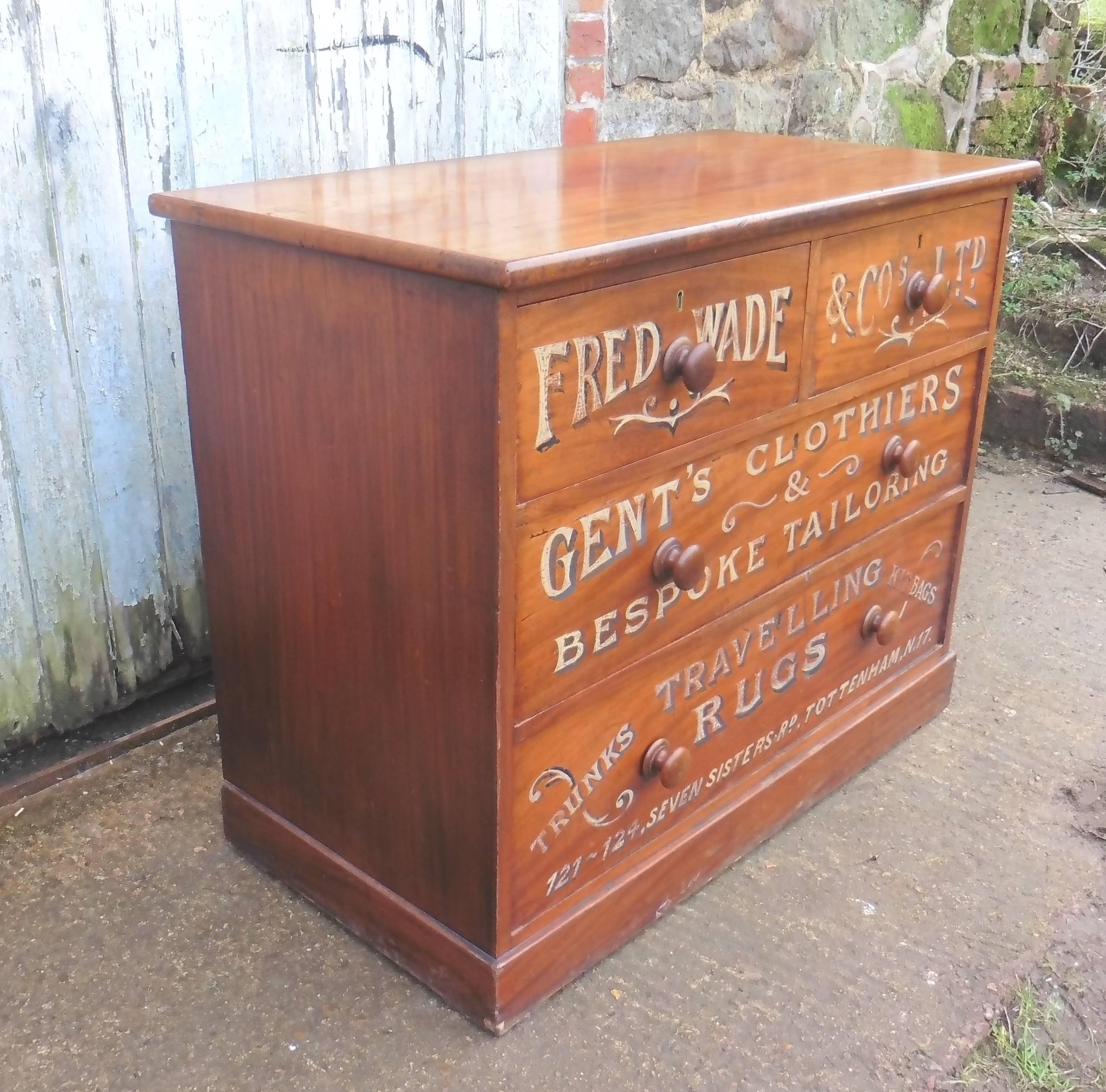 Cold-Painted Victorian Mahogany Sign Painted Chest of Drawers Fred Wade Gentleman’s Outfitter