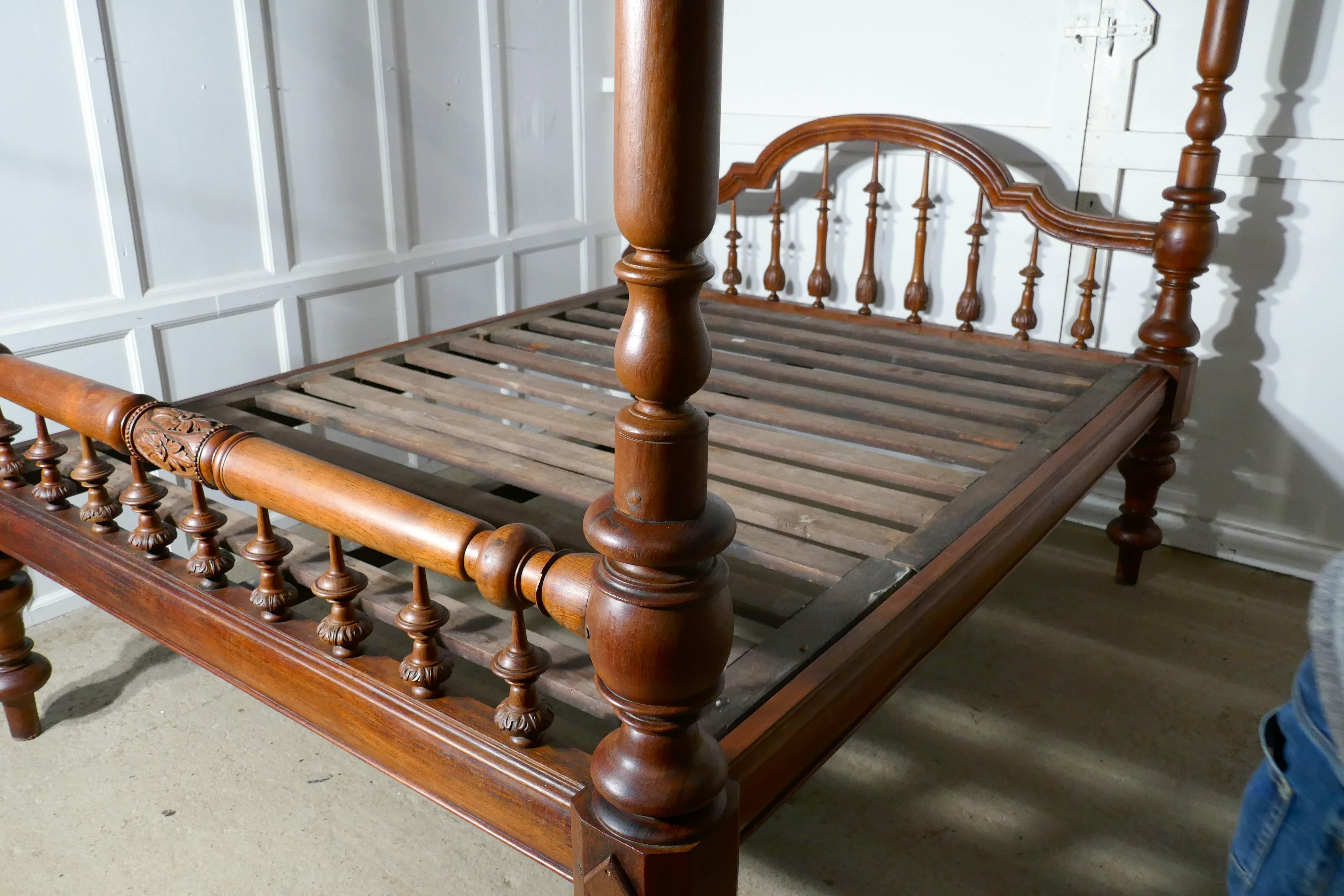 Teak Colonial Raj Four Poster Bed, Anglo Indian Carved Four Poster Large Double Bed