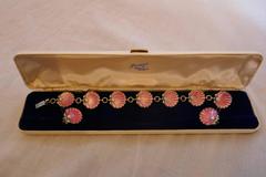 Art Deco Dainty Silver, Pink Enamel Shell & Pearl Bracelet with Earrings, Boxed