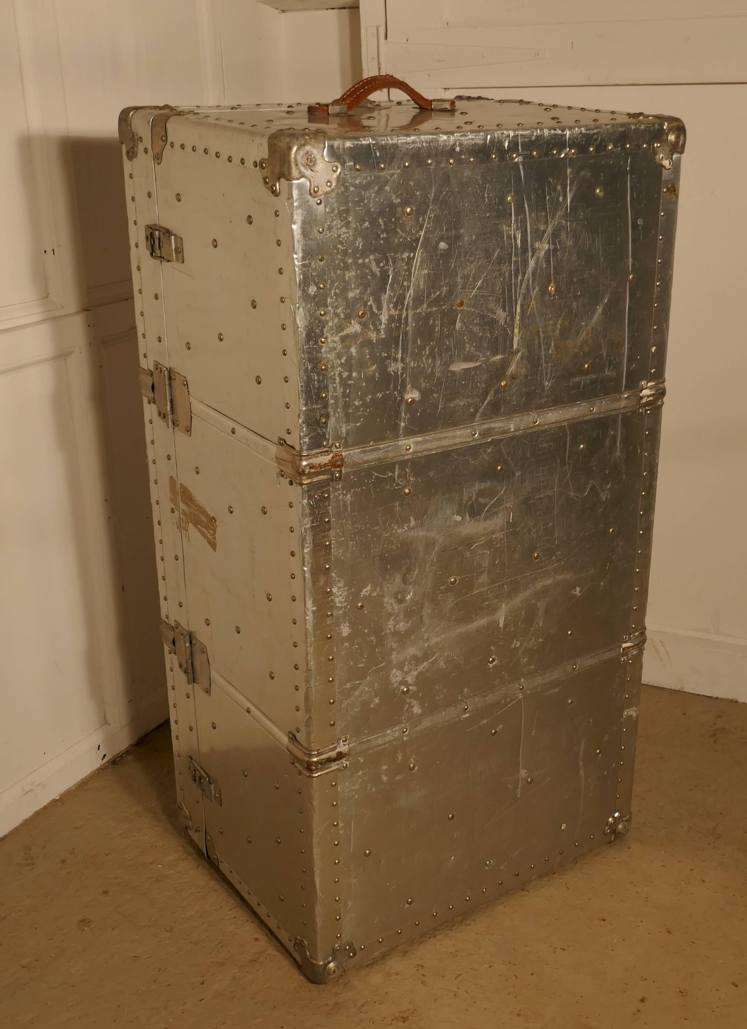 Industrial Large 1930s Lined Aluminium Trunk Airline Suitcase