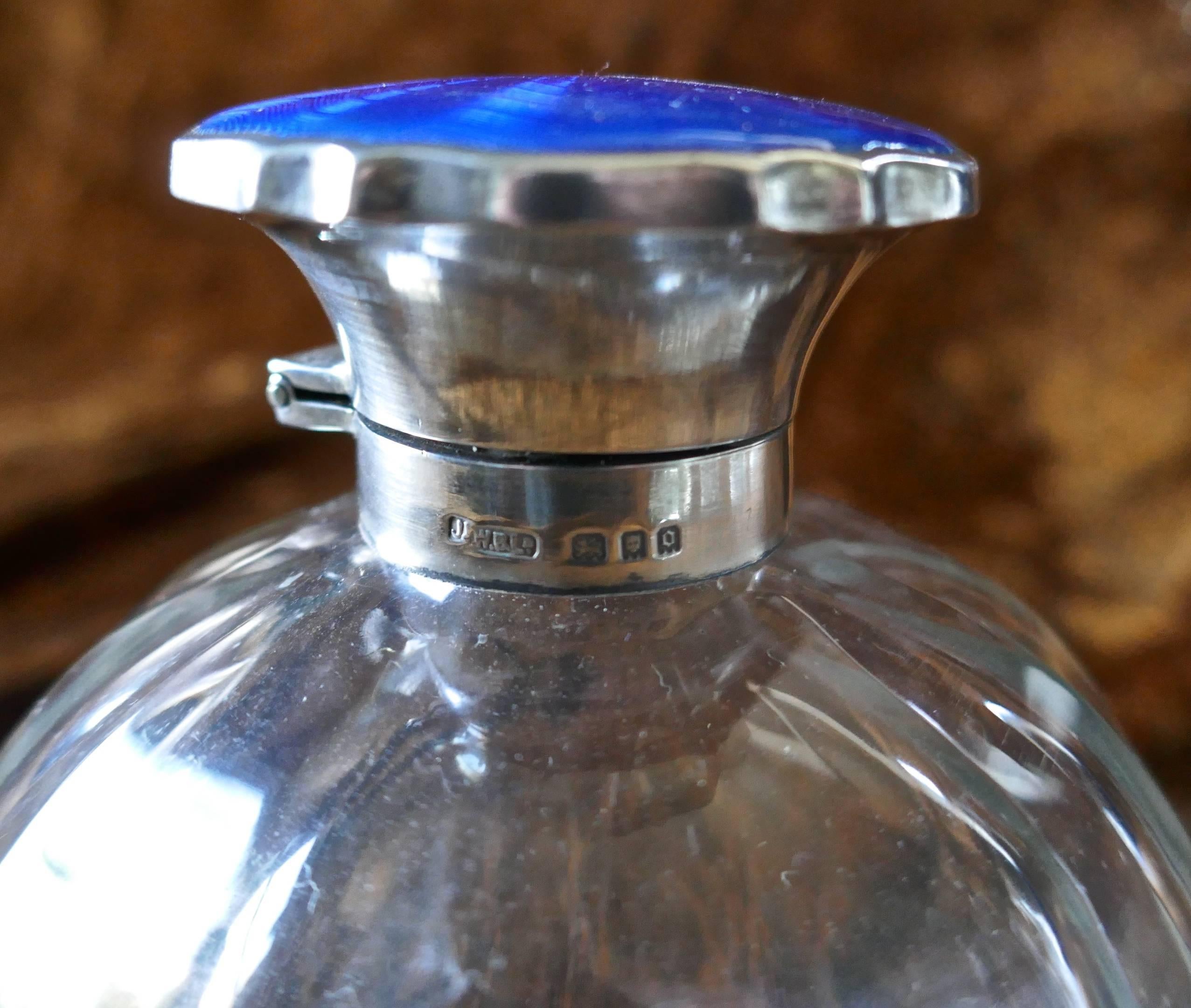 Mid-20th Century Art Deco English Sterling Silver and Guilloche Enamel Scent Bottle For Sale