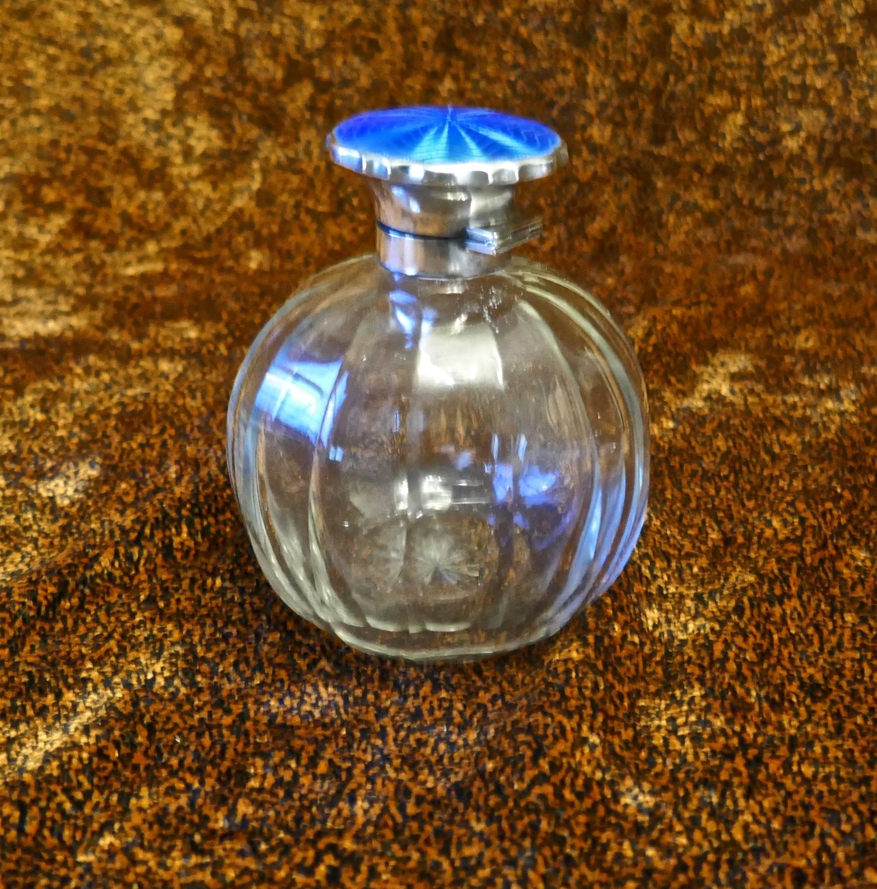 Art Deco English Sterling Silver and Guilloche Enamel Scent Bottle For Sale 1