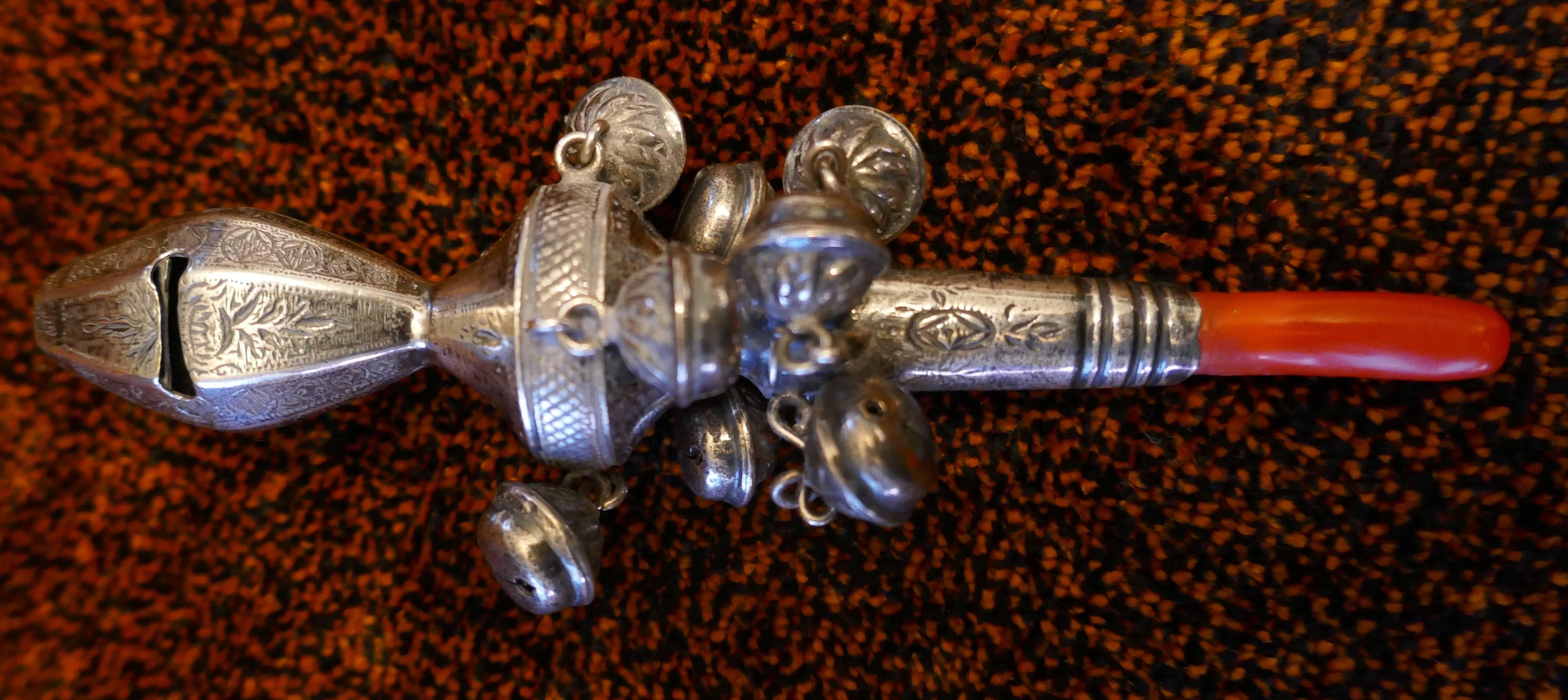 Victorian 19th Century Silver Baby’ Rattle with Bells, Whistle and Coral Teether