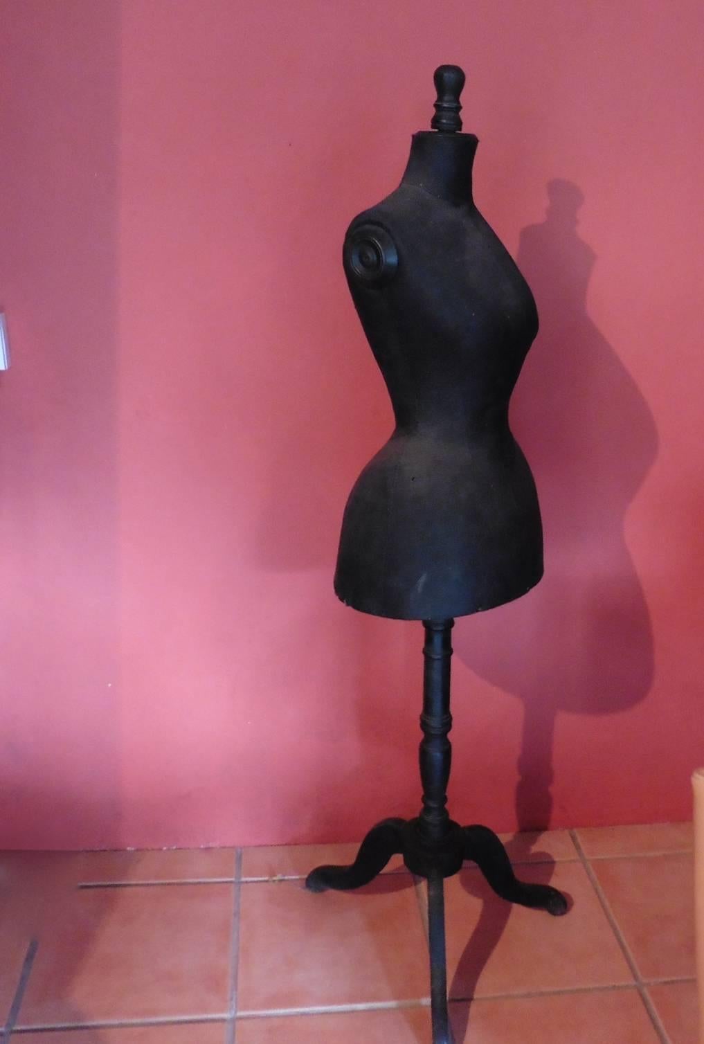 The Mannequin or Tailors Dummy, dates from the 19th century, as you will see by her, nowadays unusual, wasp waist shape, her body is covered with original Black Silk and other wood turnings are all in black wood. Our lovely Petite French beauty is