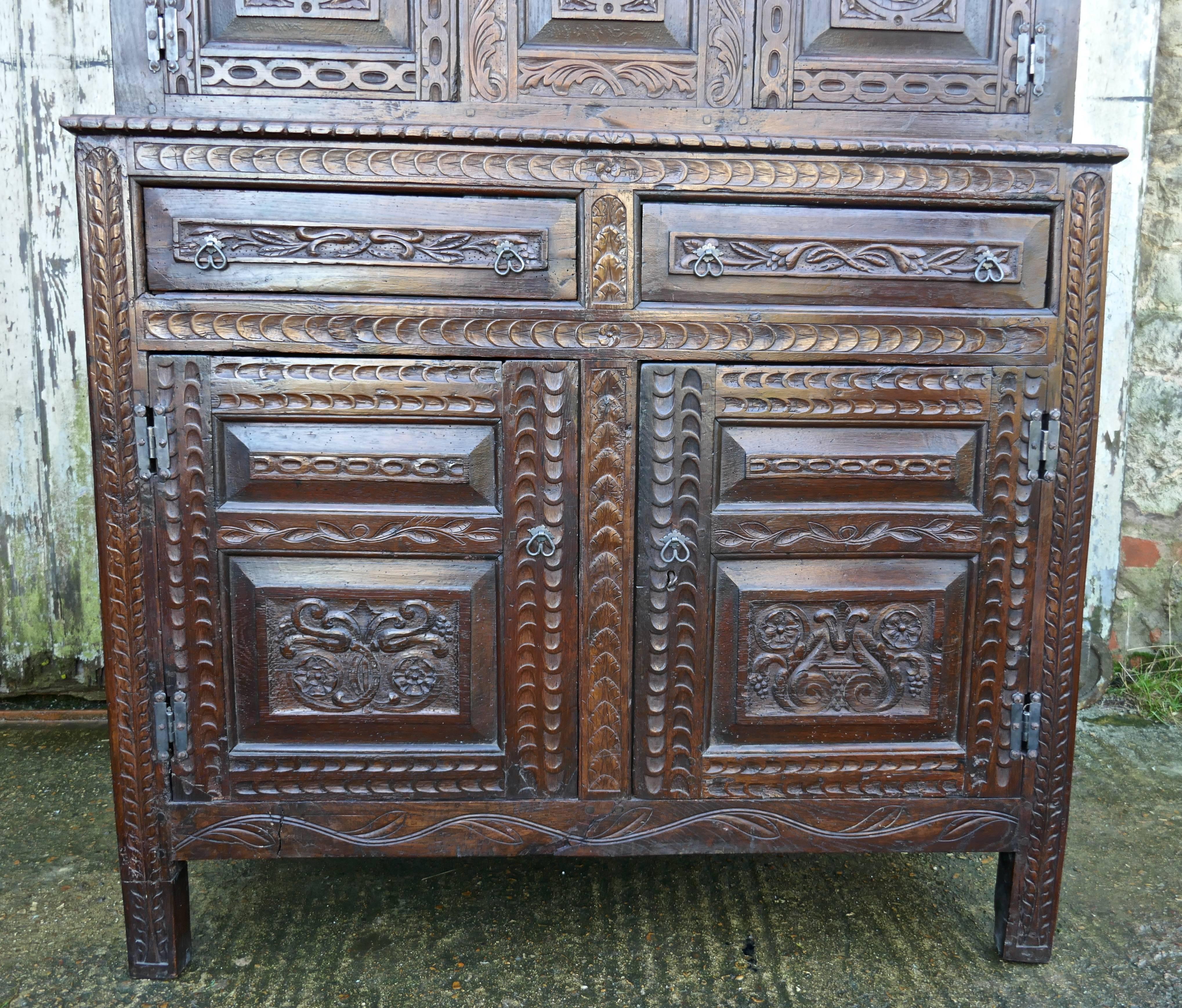 James II 17th Century Carved Oak Court Cupboard, Cottage Livery Cupboard