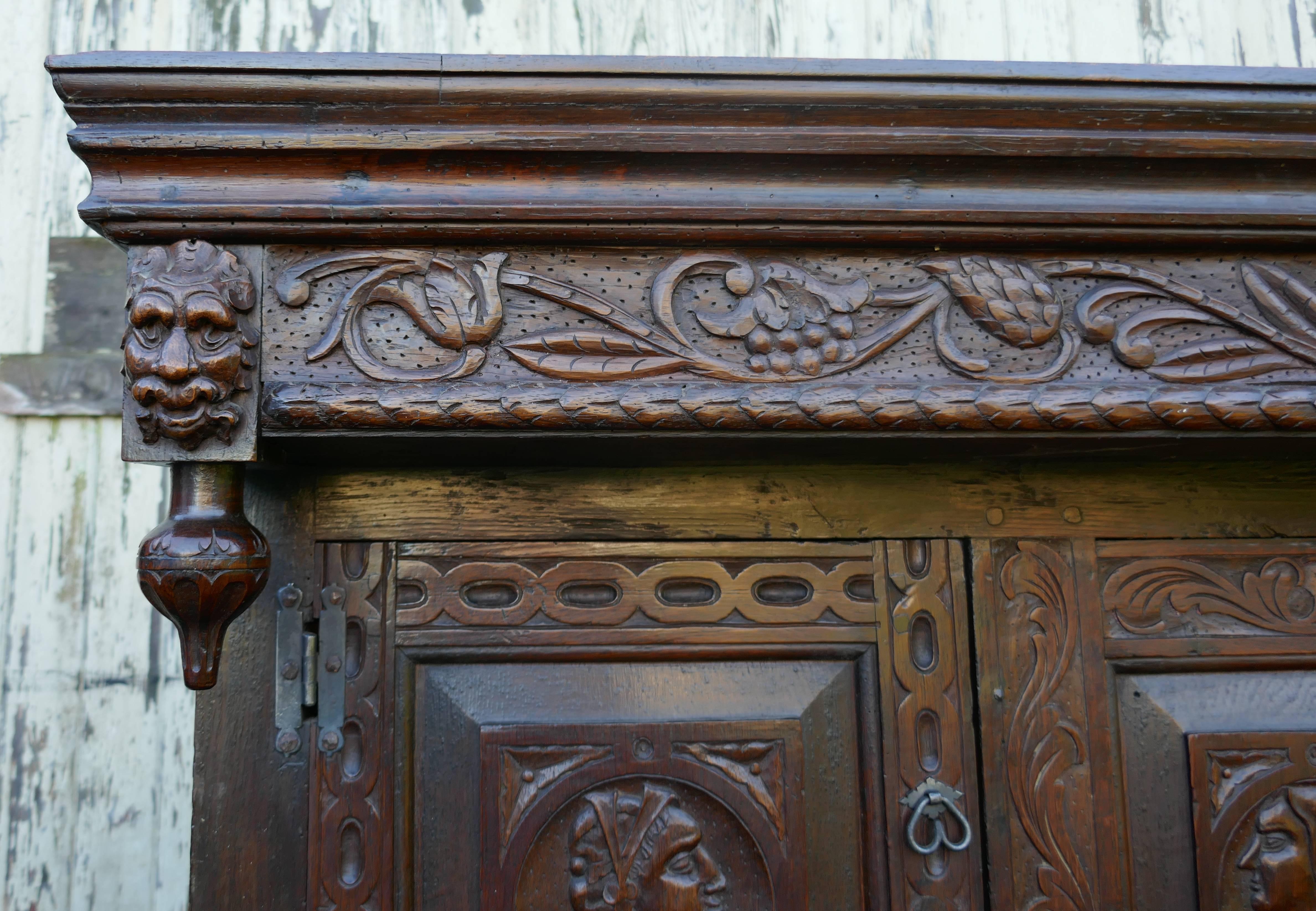 17th Century Carved Oak Court Cupboard, Cottage Livery Cupboard 1