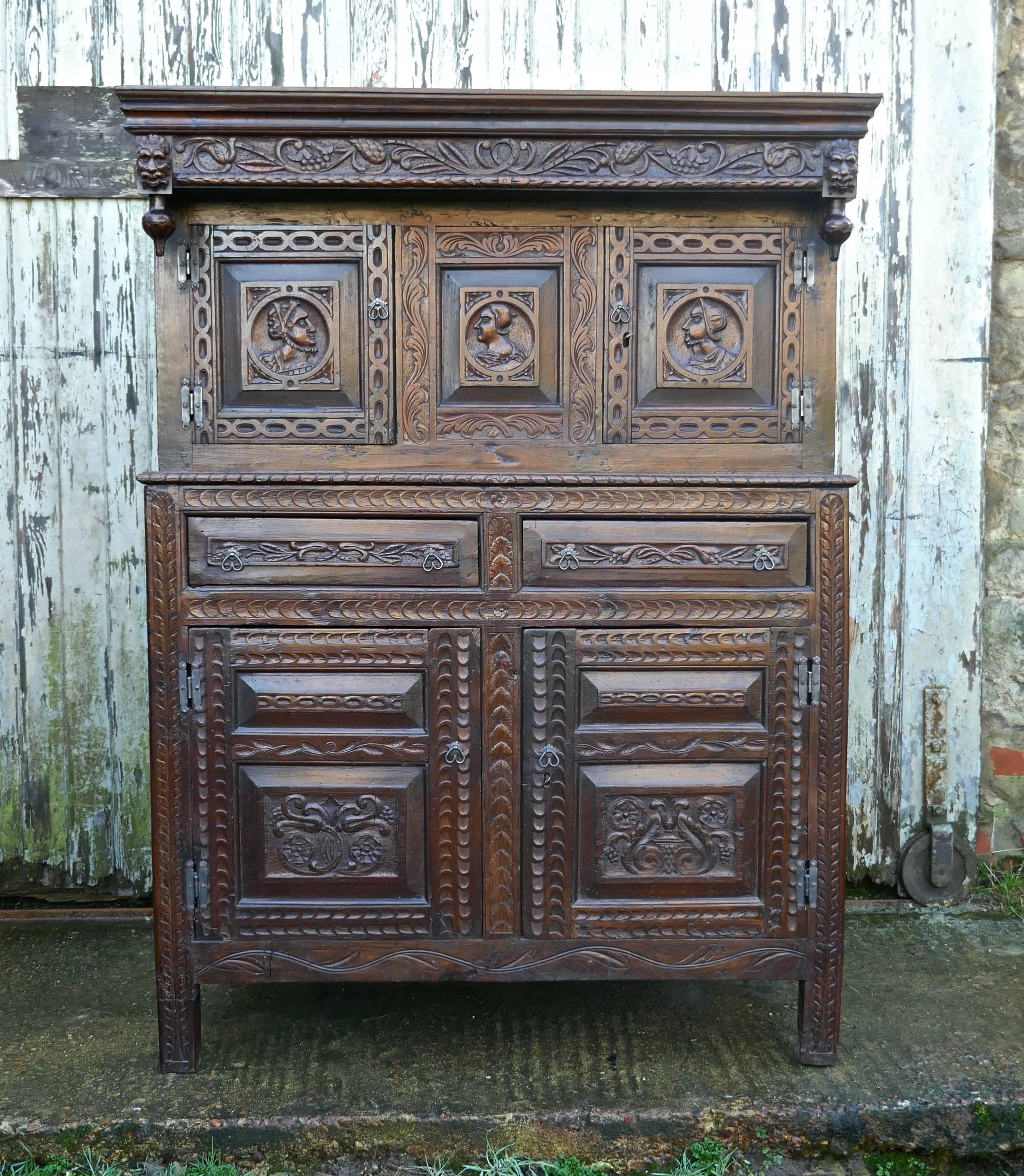 17th Century Carved Oak Court Cupboard, Cottage Livery Cupboard 2