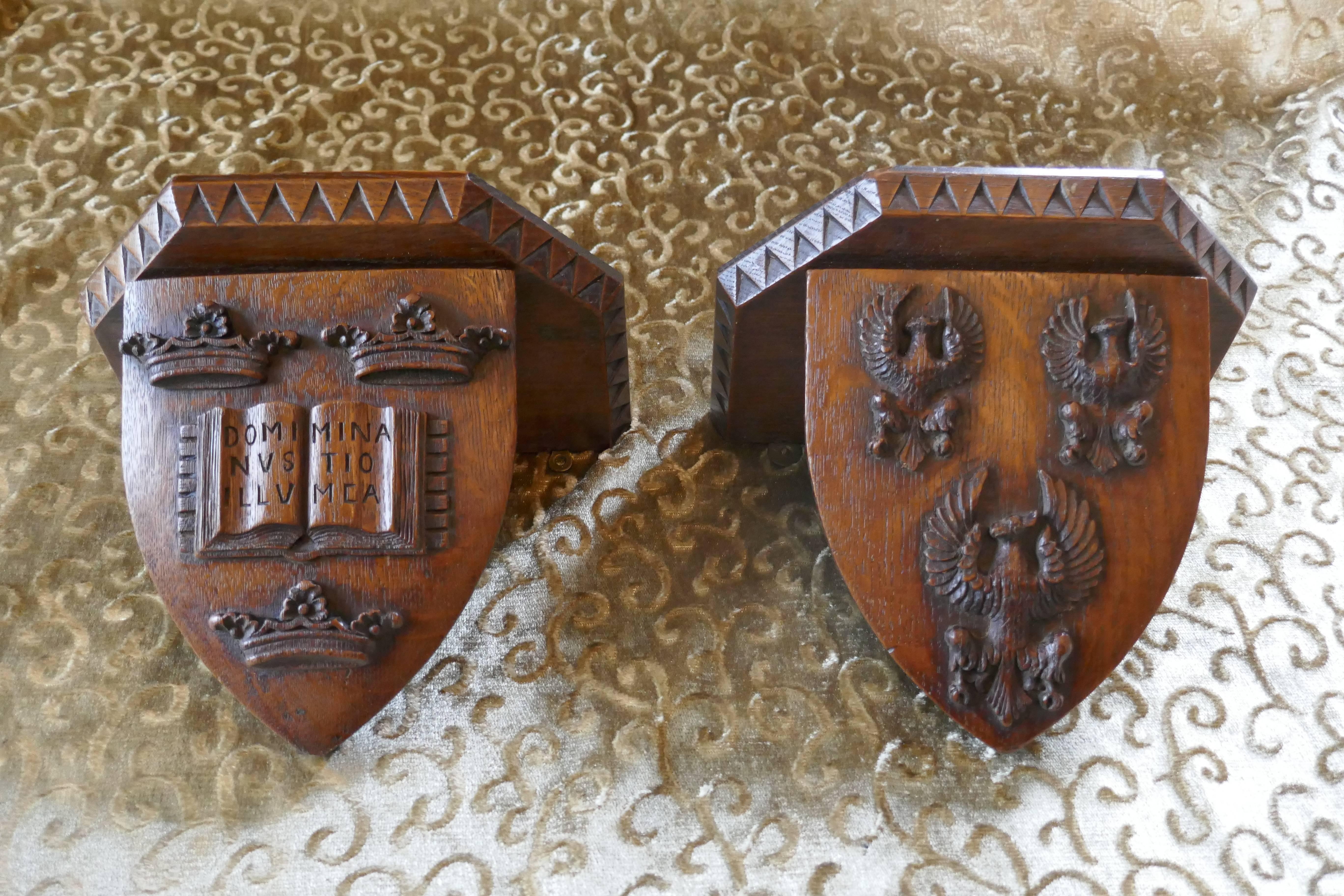 Pair of 19th Century Carved Oak Wall Brackets, Armorial Crests 1