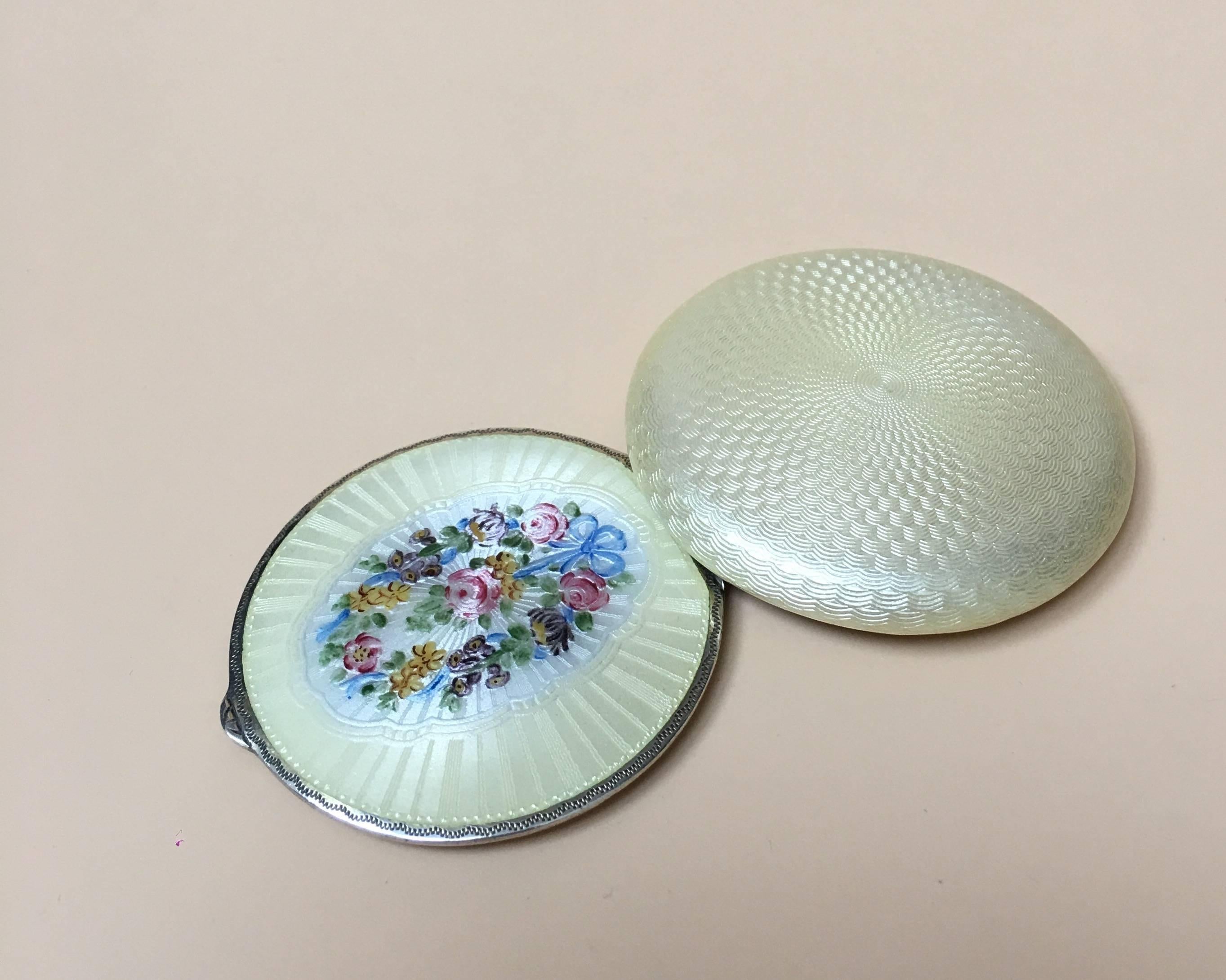 Austrian Sterling Silver Guilloche Enamel Compact Case, with a Garland of Flowers