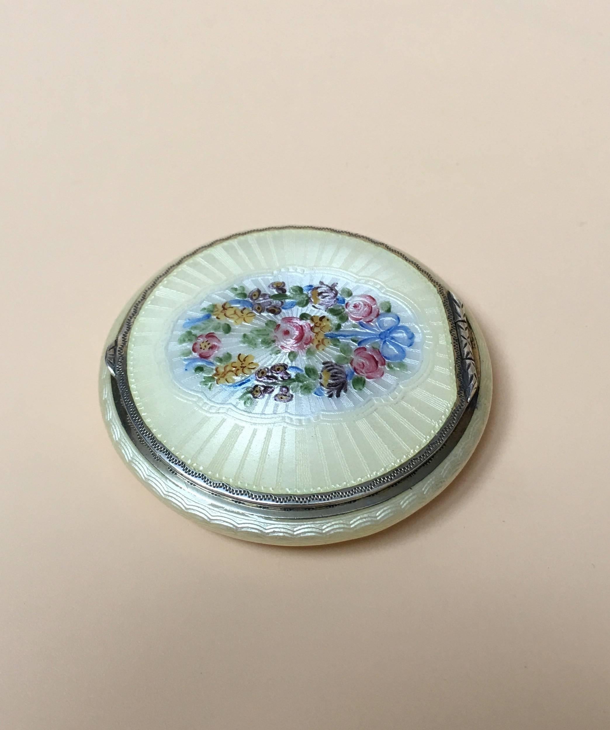 Enameled Sterling Silver Guilloche Enamel Compact Case, with a Garland of Flowers