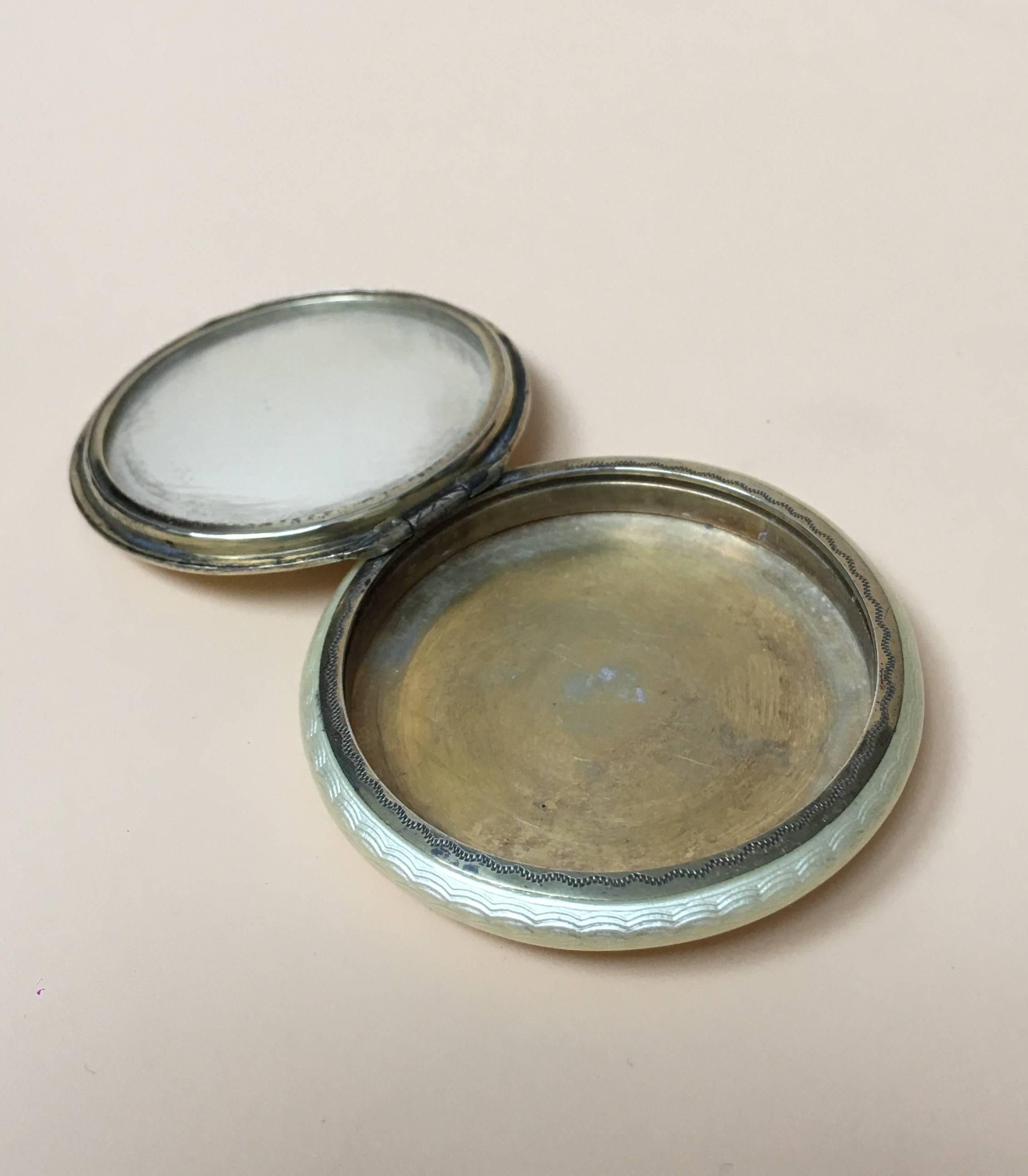 20th Century Sterling Silver Guilloche Enamel Compact Case, with a Garland of Flowers