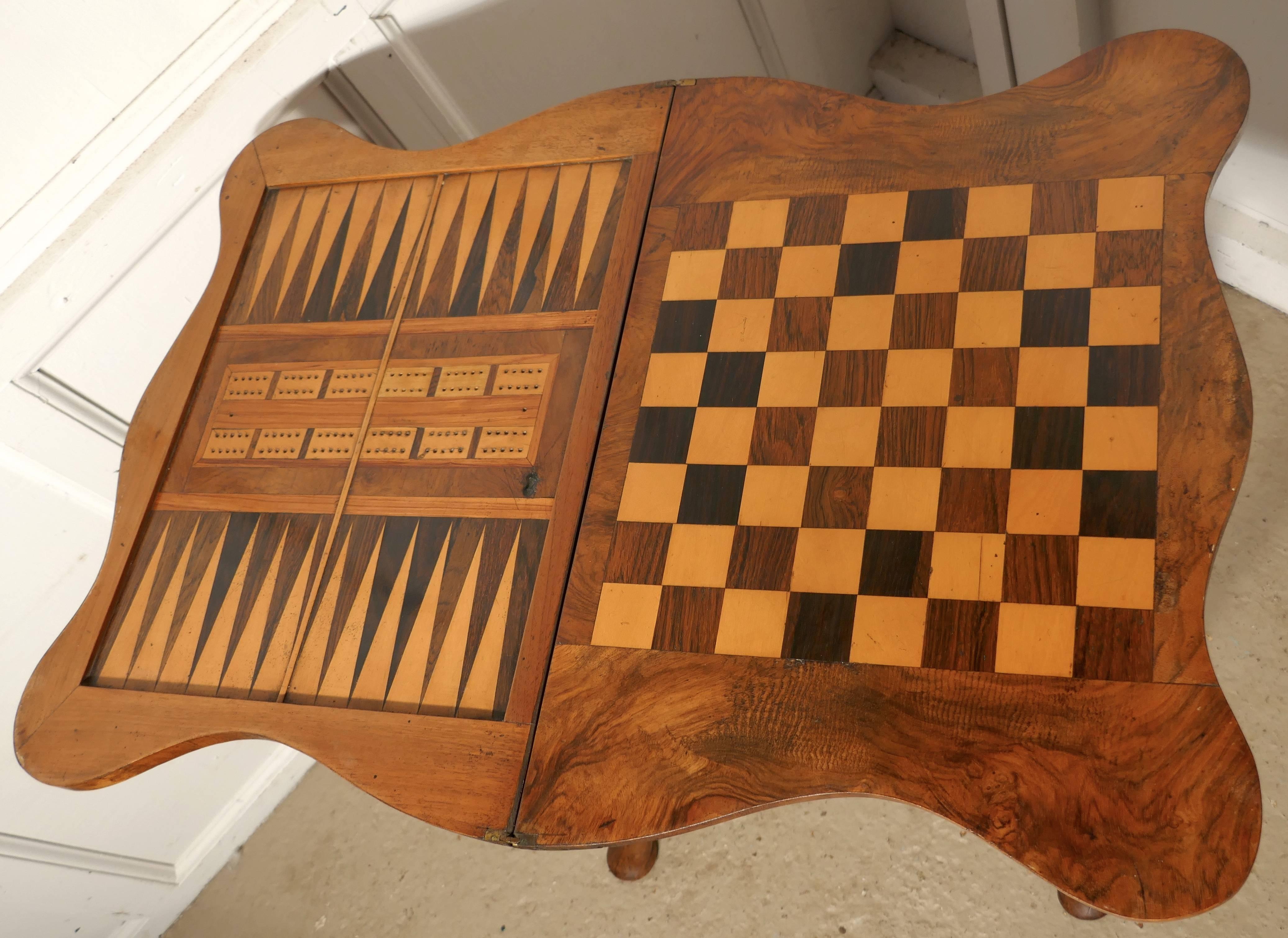English Queen Anne Style Inlaid Burr Walnut, Games Table, Chess and Backgammon