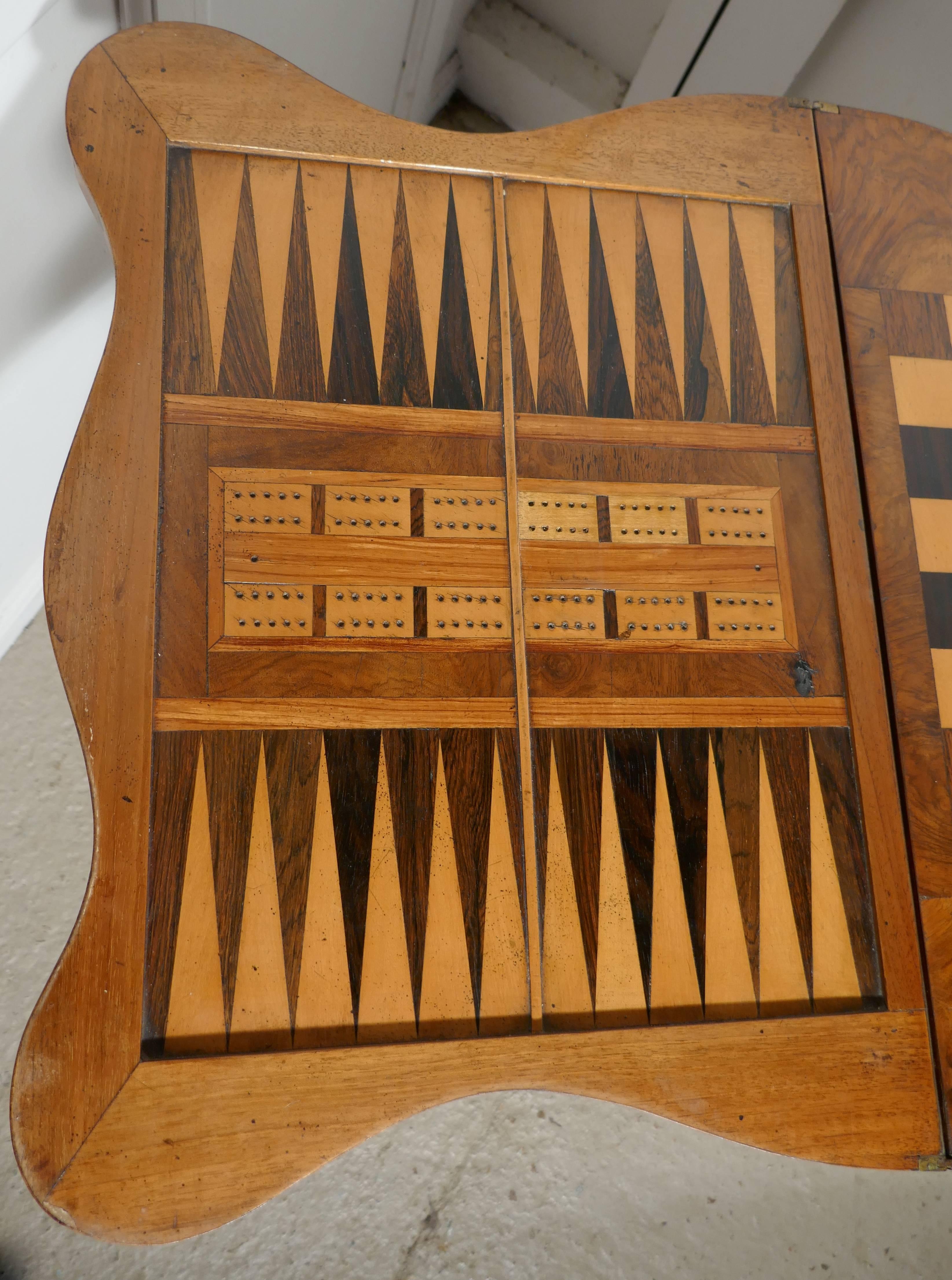 19th Century Queen Anne Style Inlaid Burr Walnut, Games Table, Chess and Backgammon