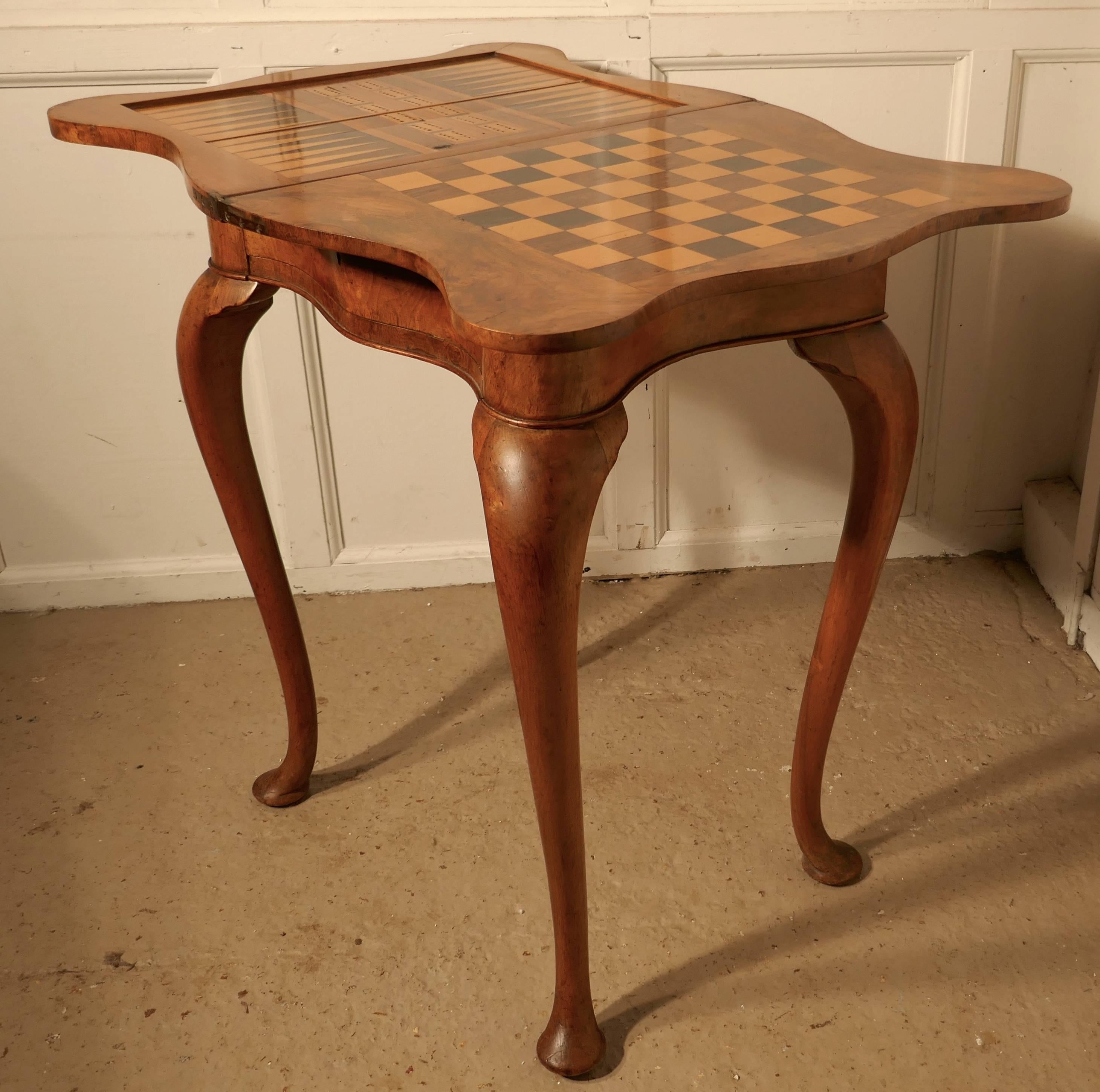 Queen Anne Style Inlaid Burr Walnut, Games Table, Chess and Backgammon 1