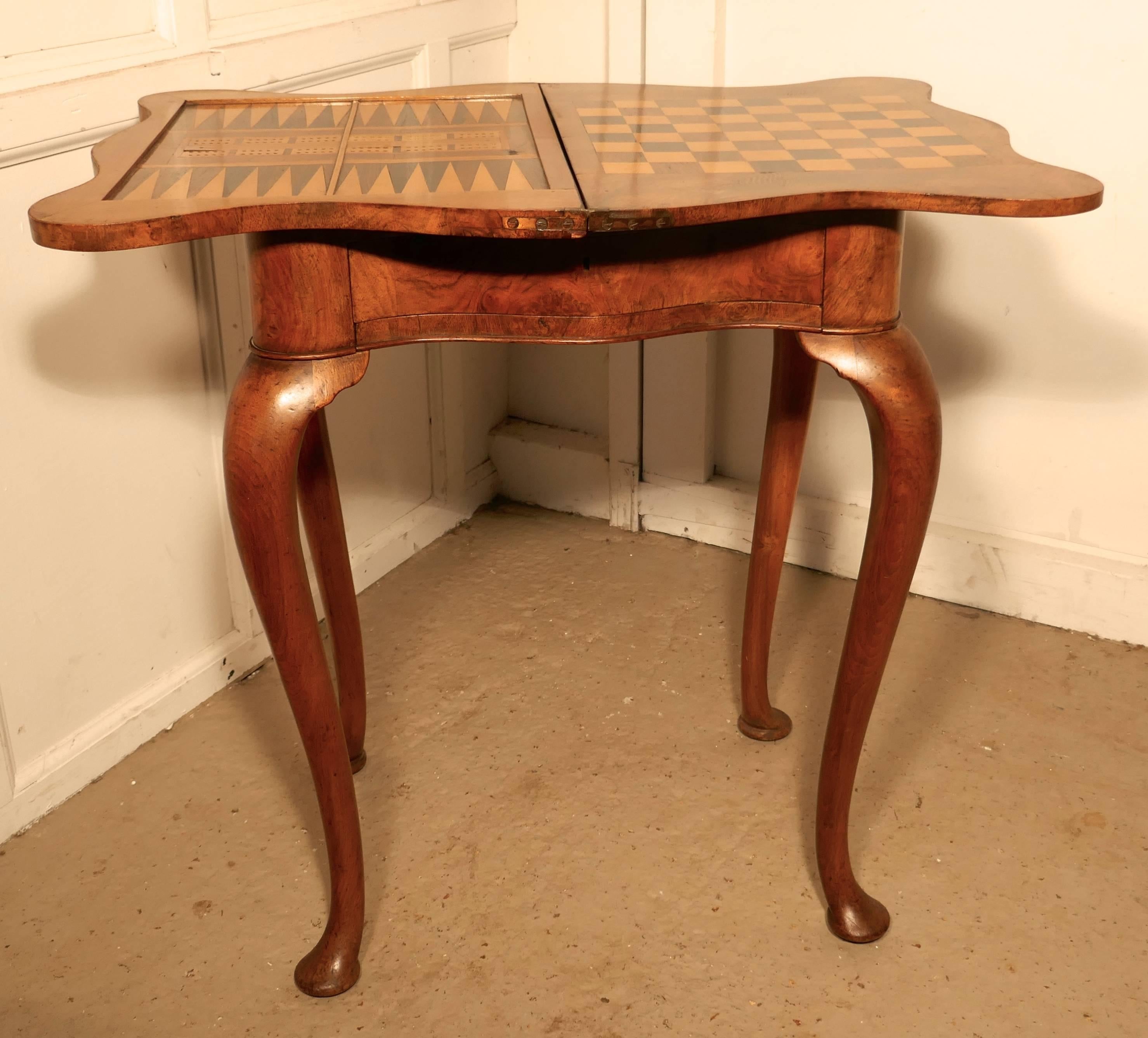 Queen Anne Style Inlaid Burr Walnut, Games Table, Chess and Backgammon 5