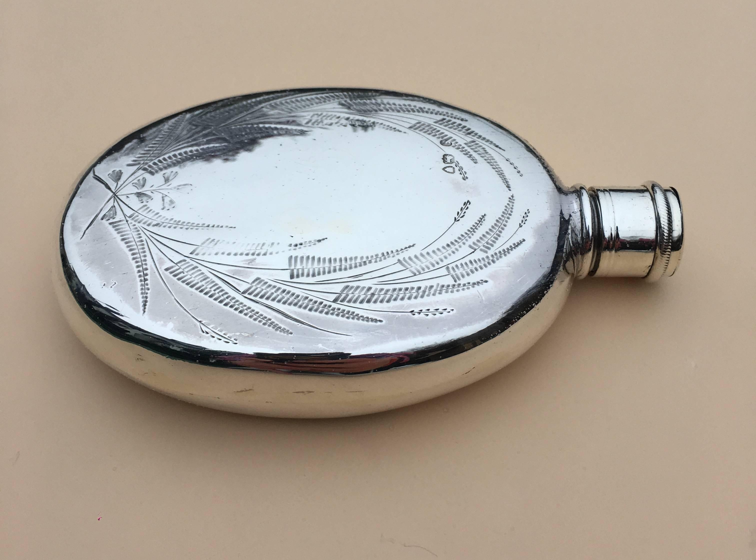 Engraved Arts and Crafts Aesthetic Movement Silver Hip or Pocket Flask, 1871