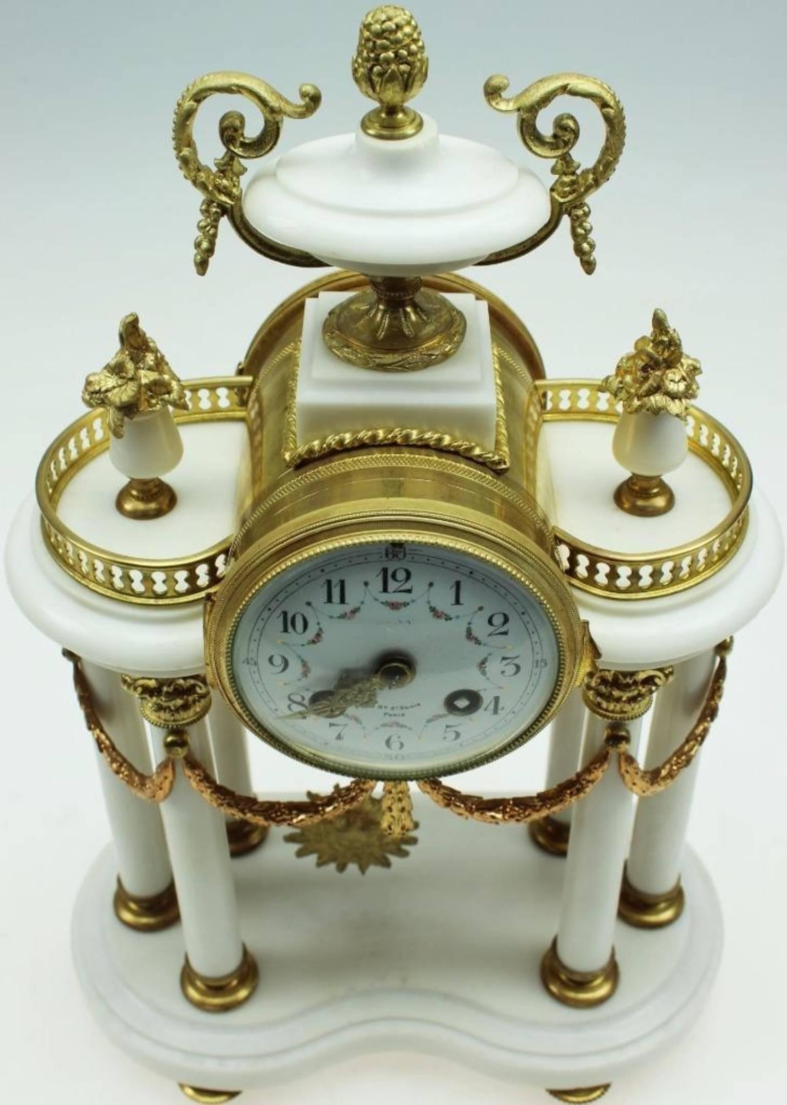 Hand-Crafted Napoleon III White Marble and Ormolu Mantel Clock Set, Garniture by Mougin Paris