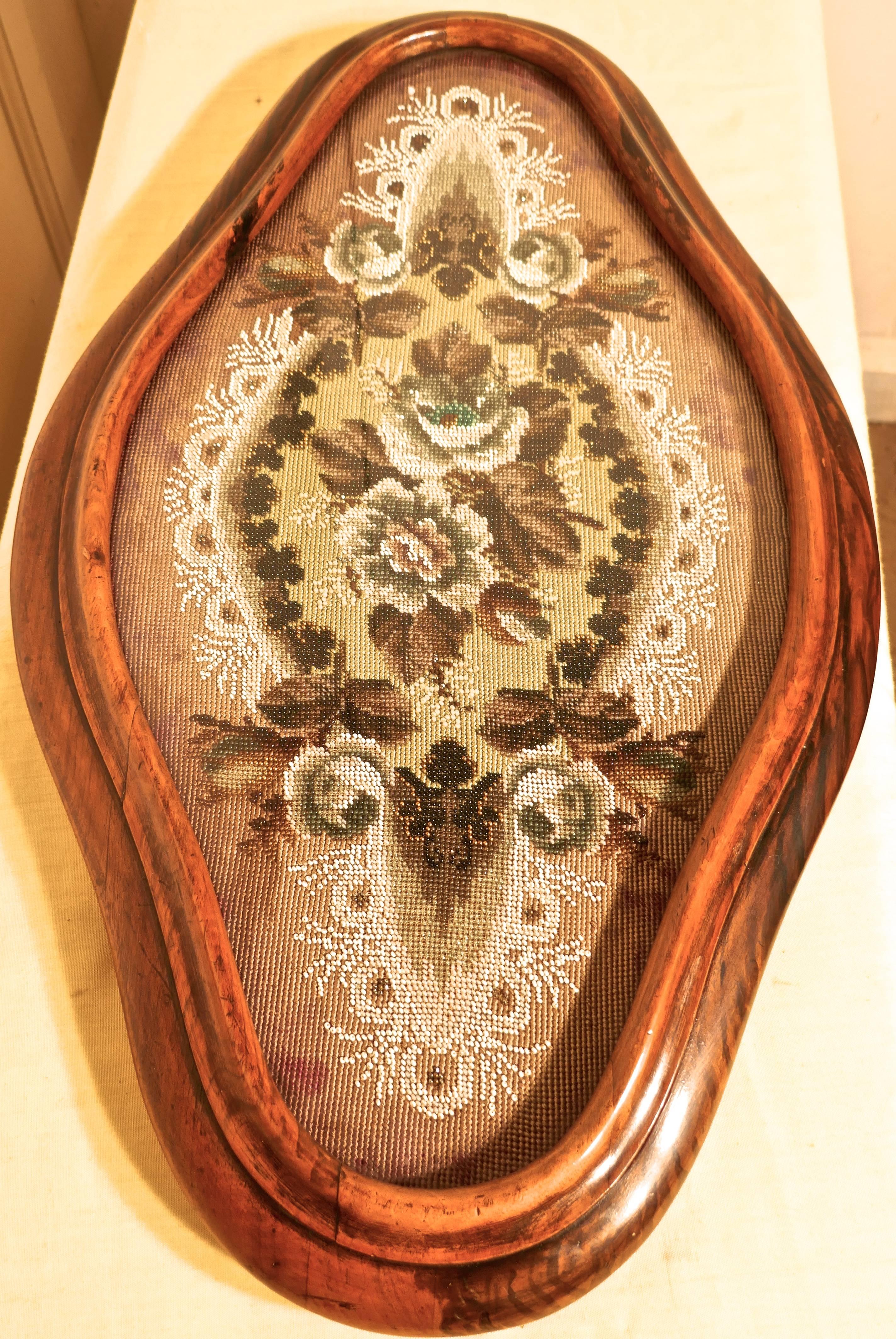19th Century Victorian Beadwork Walnut Shaped Oval Walnut Frame Centrepiece Tray