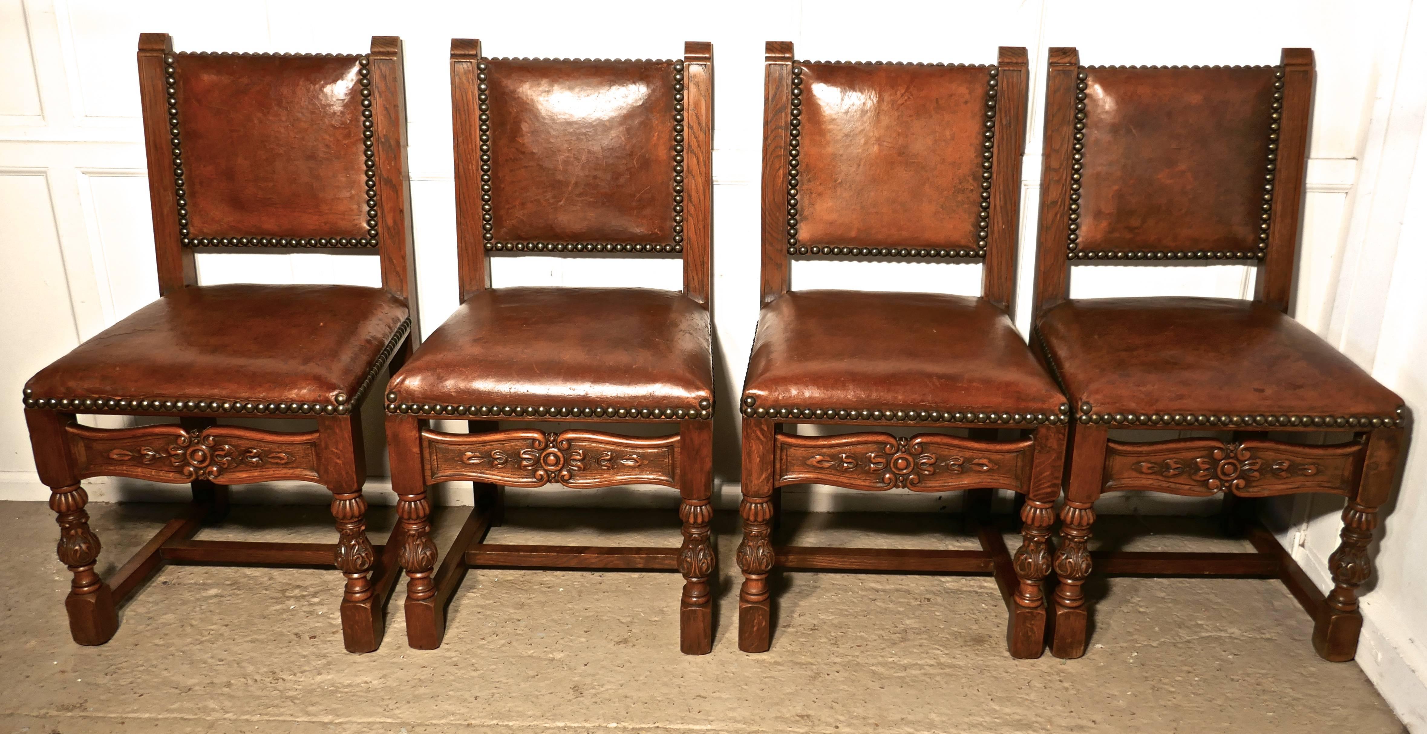 Set of Eight, 19th Century Carved Oak and Leather Dining Chairs 1