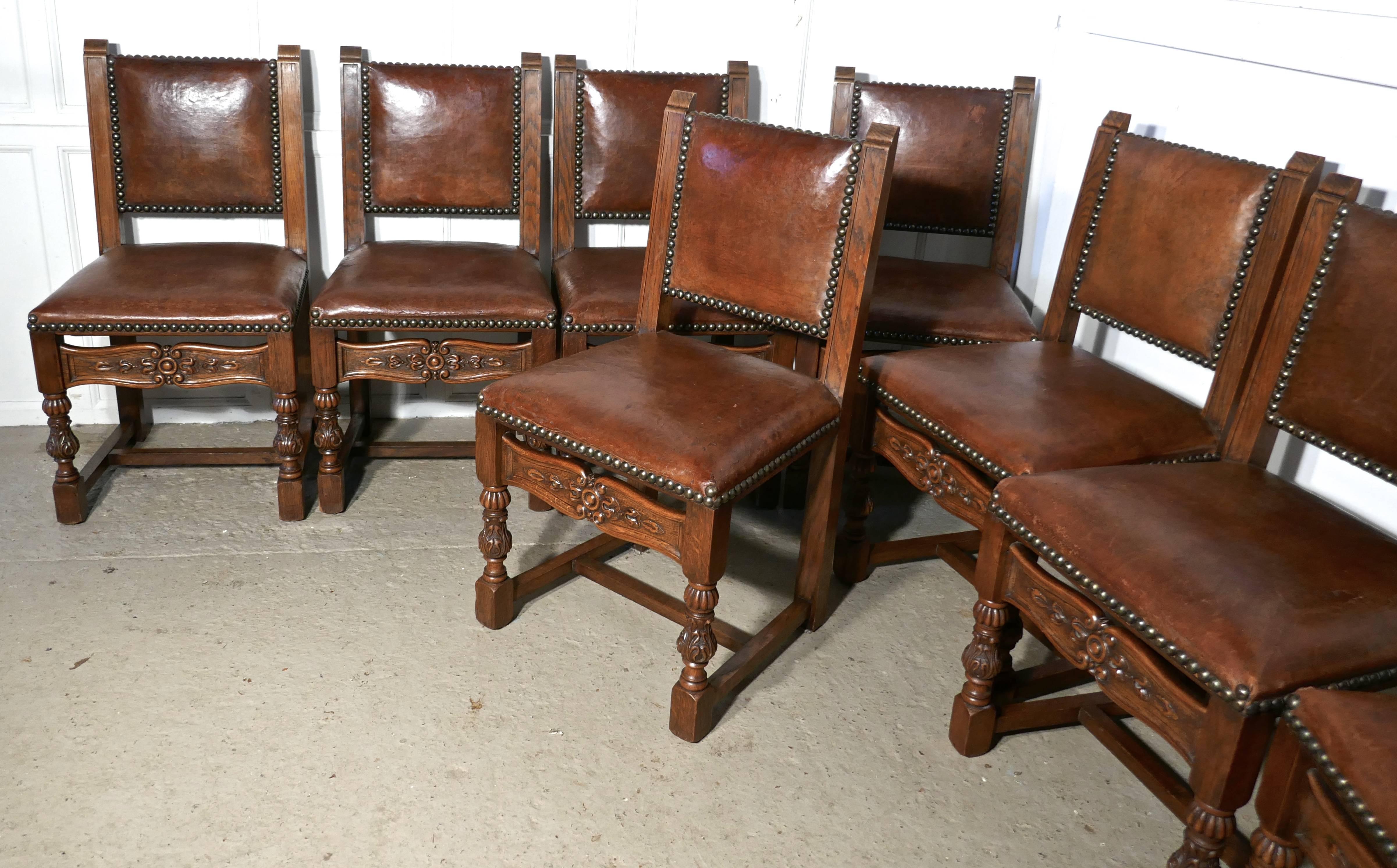 Set of Eight, 19th Century Carved Oak and Leather Dining Chairs 2