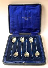 Good Set of Six Russian Imperial Silver Cloisonné Enamel Spoons