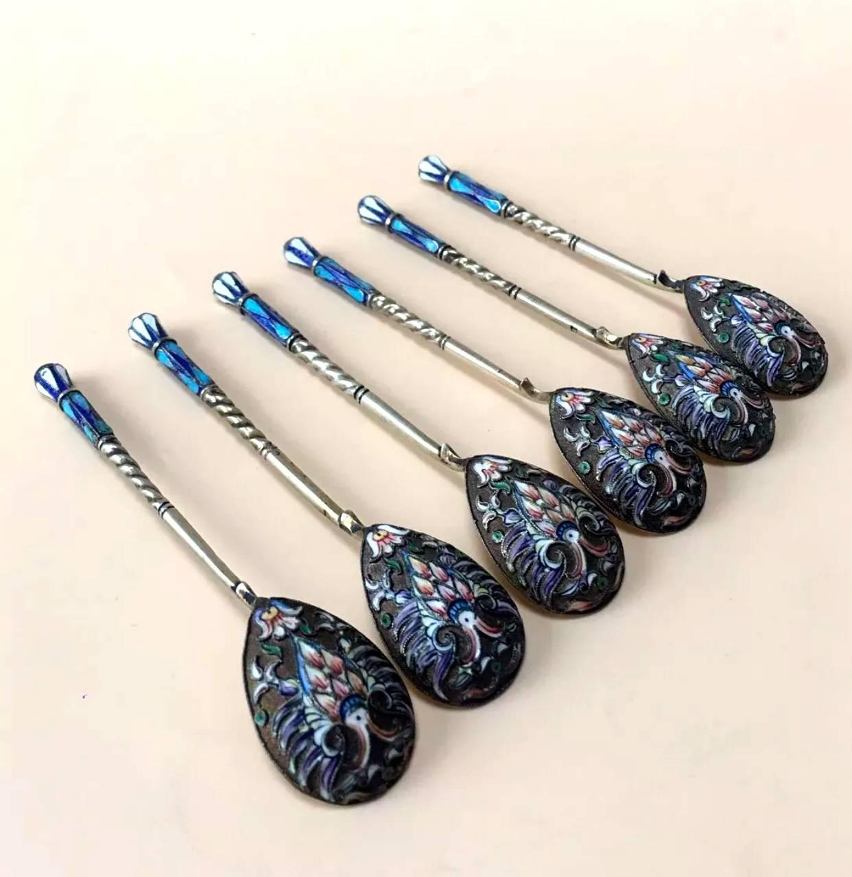 Enameled Good Set of Six Russian Imperial Silver Cloisonné Enamel Spoons
