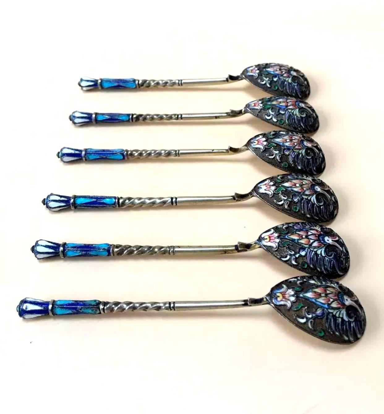 19th Century Good Set of Six Russian Imperial Silver Cloisonné Enamel Spoons