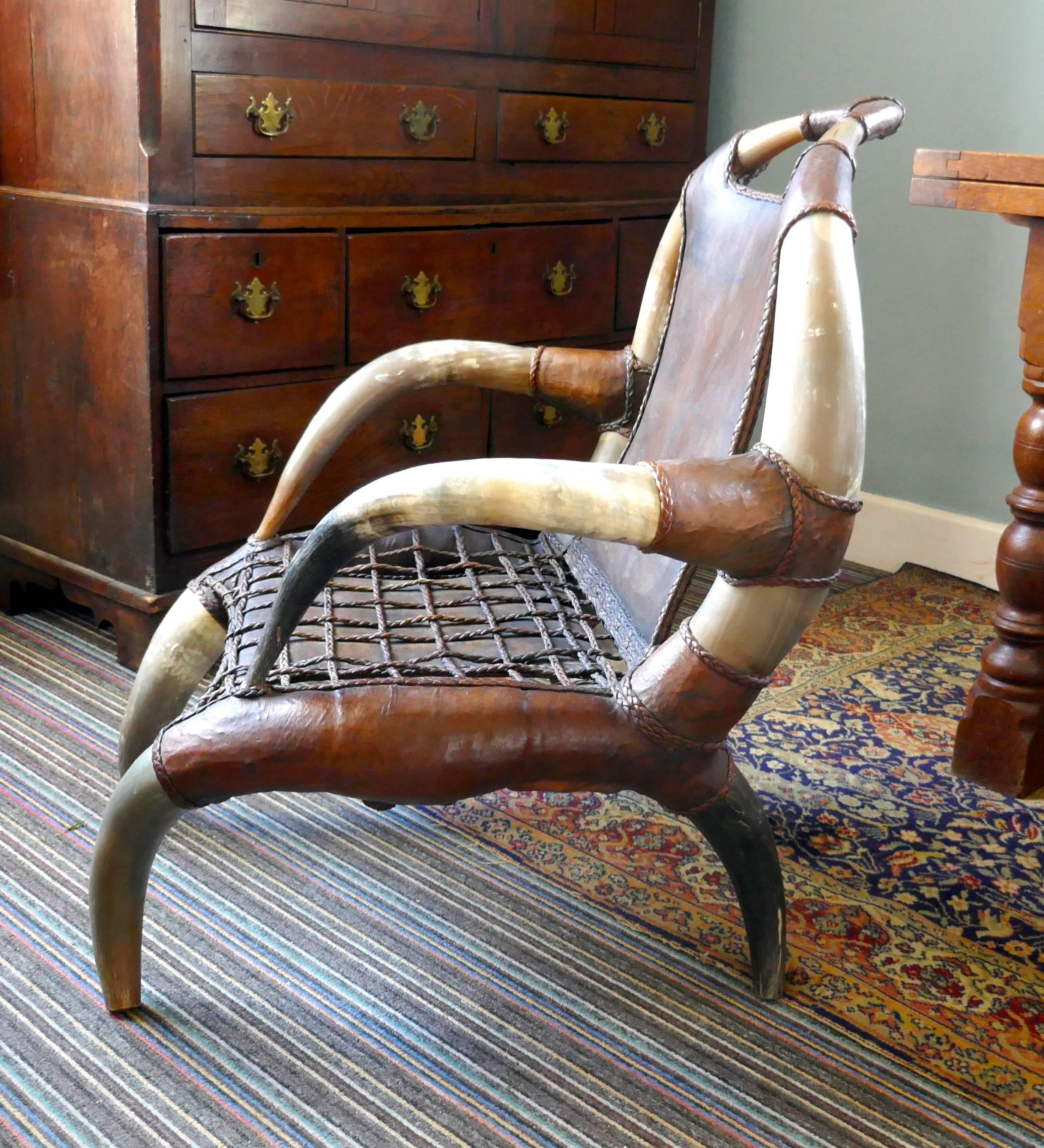 Primitive Pair of Antique African Large Bull or Cow Horn Leather Armchairs