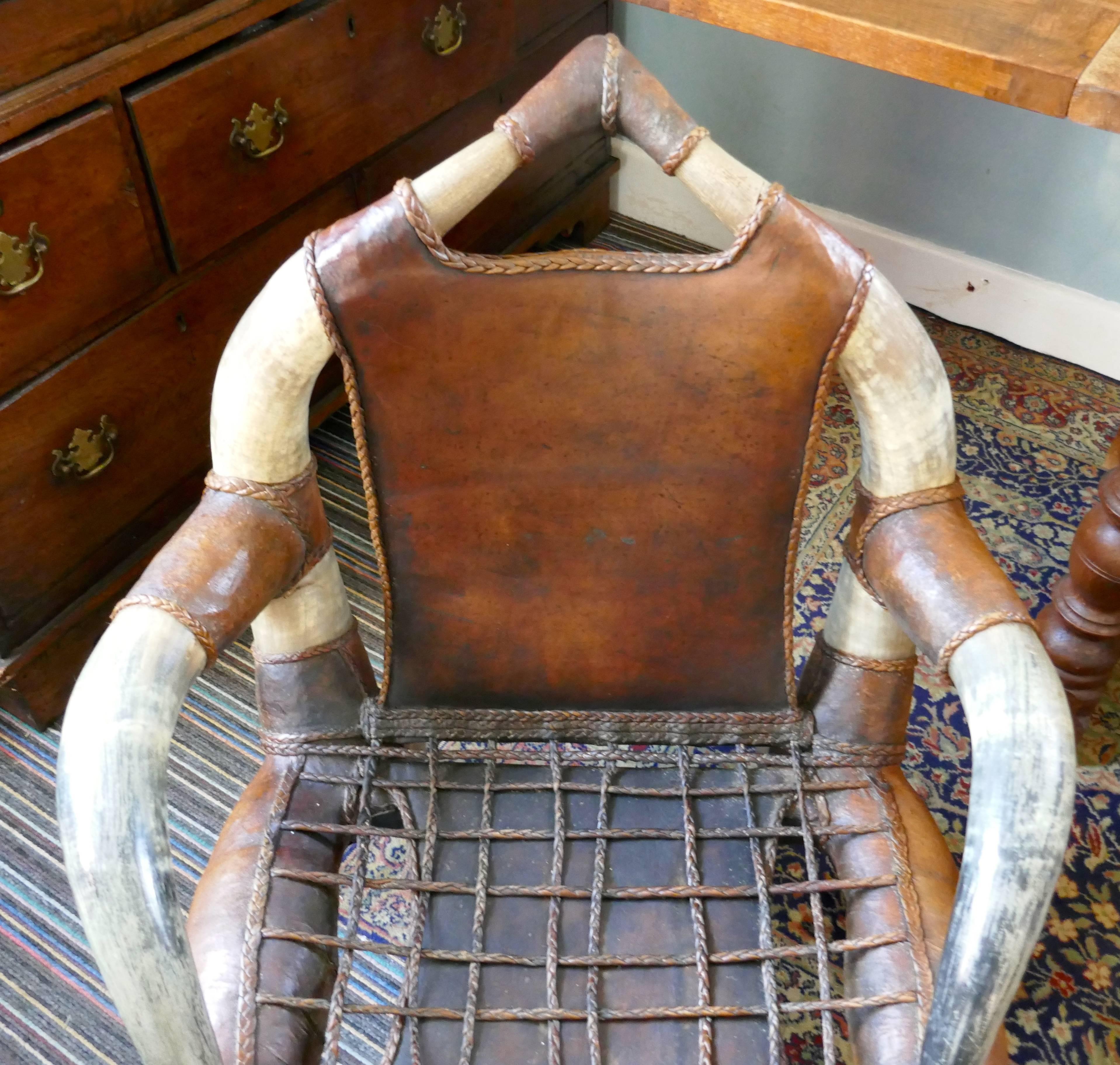 Kenyan Pair of Antique African Large Bull or Cow Horn Leather Armchairs