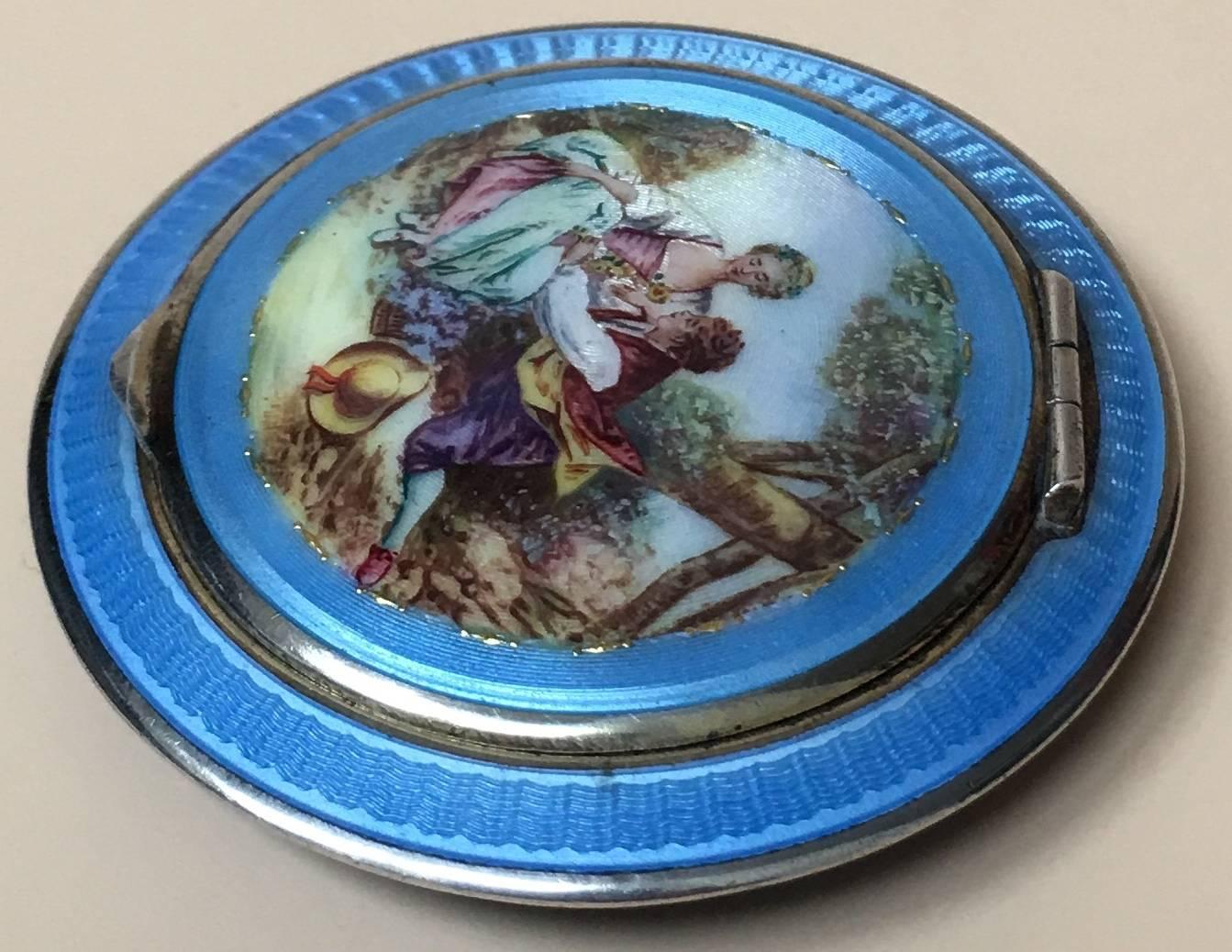 French Provincial Charming German Sterling Silver Guilloche Enamel Compact Case