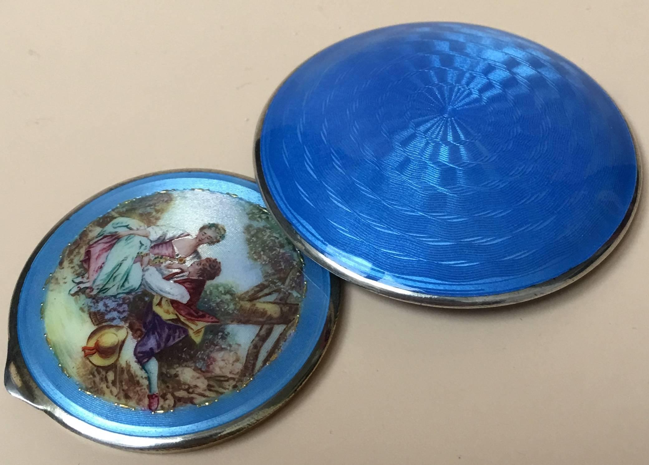 20th Century Charming German Sterling Silver Guilloche Enamel Compact Case