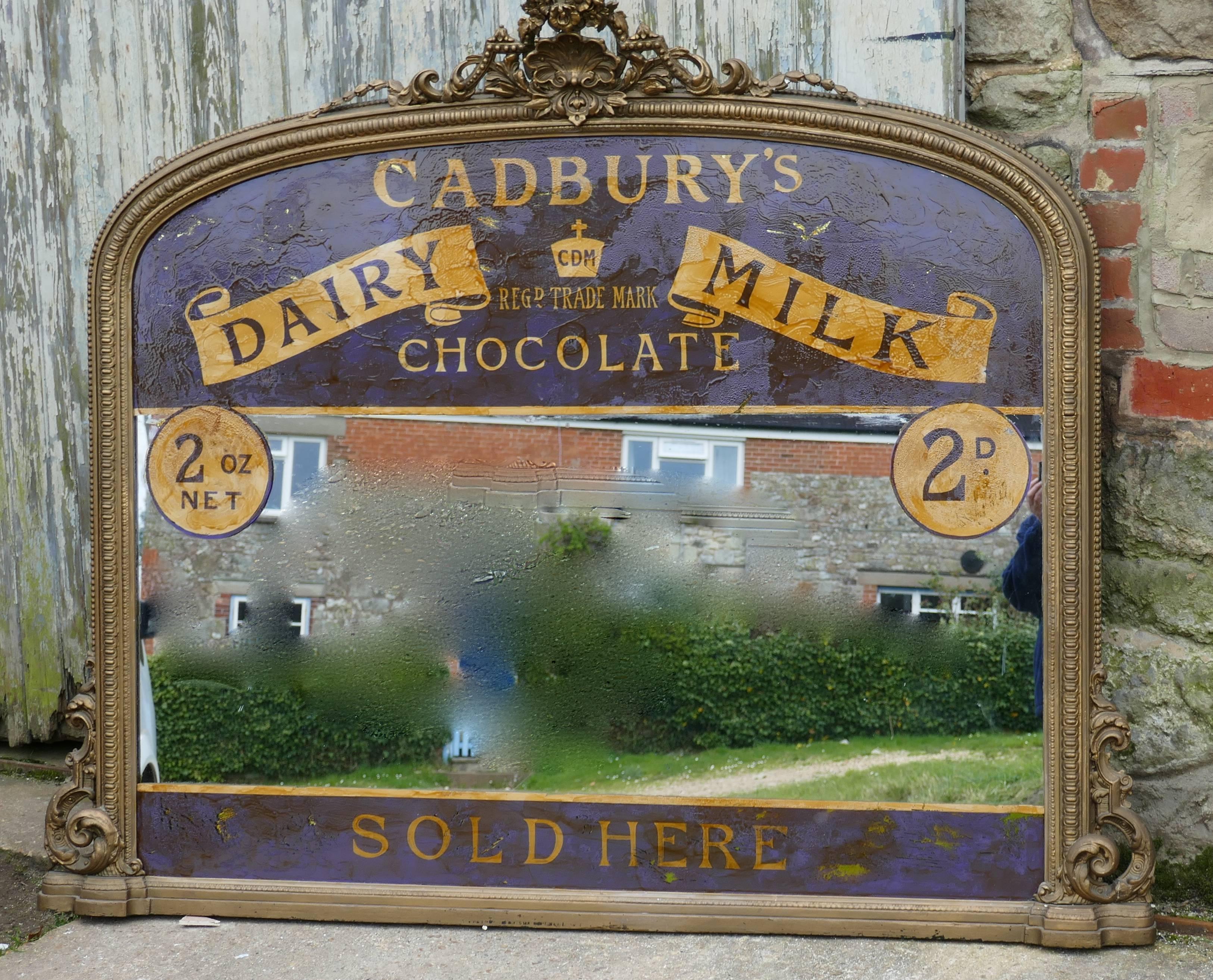 Large Victorian advertising mirror, Cadbury’s chocolate over mantel.

This is a superb quality and very large Victorian wall mirror or over mantel, it has the Classic purple and gold, Cadbury’s milk chocolate advertising banner at the top and