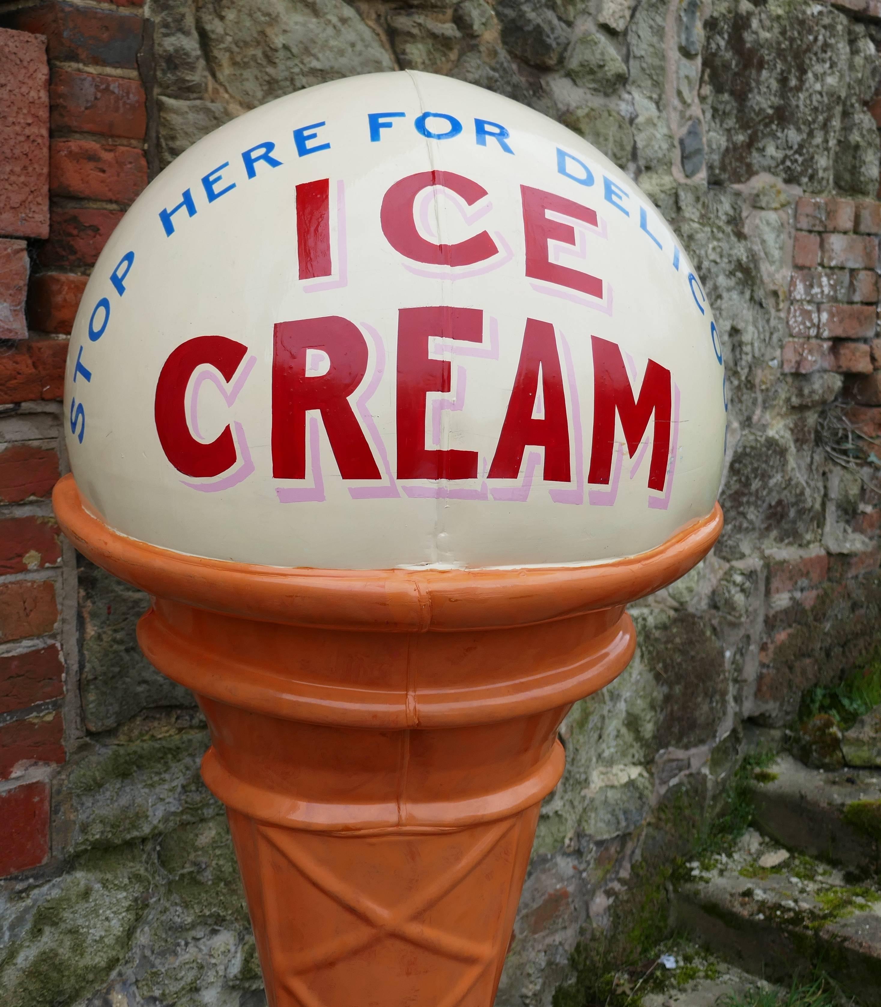 Giant ice cream advertising sign, funky quirky nostalgic.

This is a Classic of the post war era, when a trip to the seaside was the ultimate treat and here we are with a 5 ft tall ice cream 

The sign has a blast filled base, the ice cream can