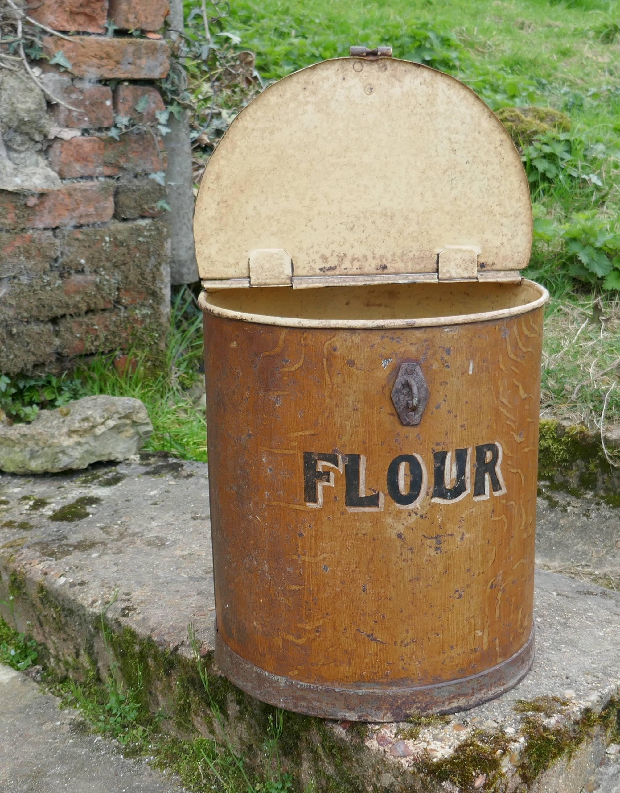 Large Victorian painted metal flour bin.

This large piece would have been used in a large country house kitchen, it is made in tin, with wood effect paint, the hinged top folds back for access, the bin has an iron hasp so that it could be kept