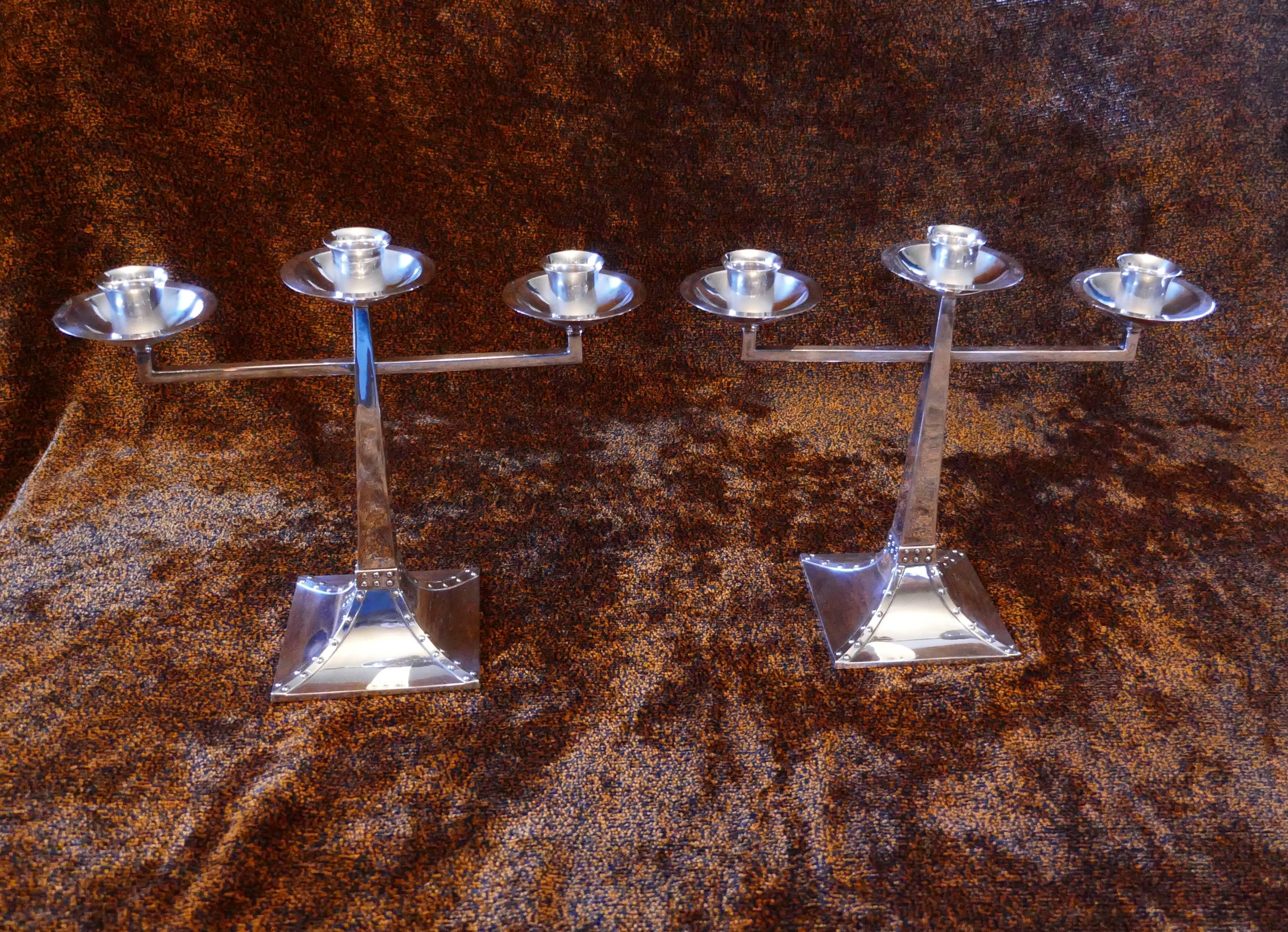 Hand-Crafted Pair of James Dixon & Sons Three-Branch Silver Arts & Crafts Candelabra