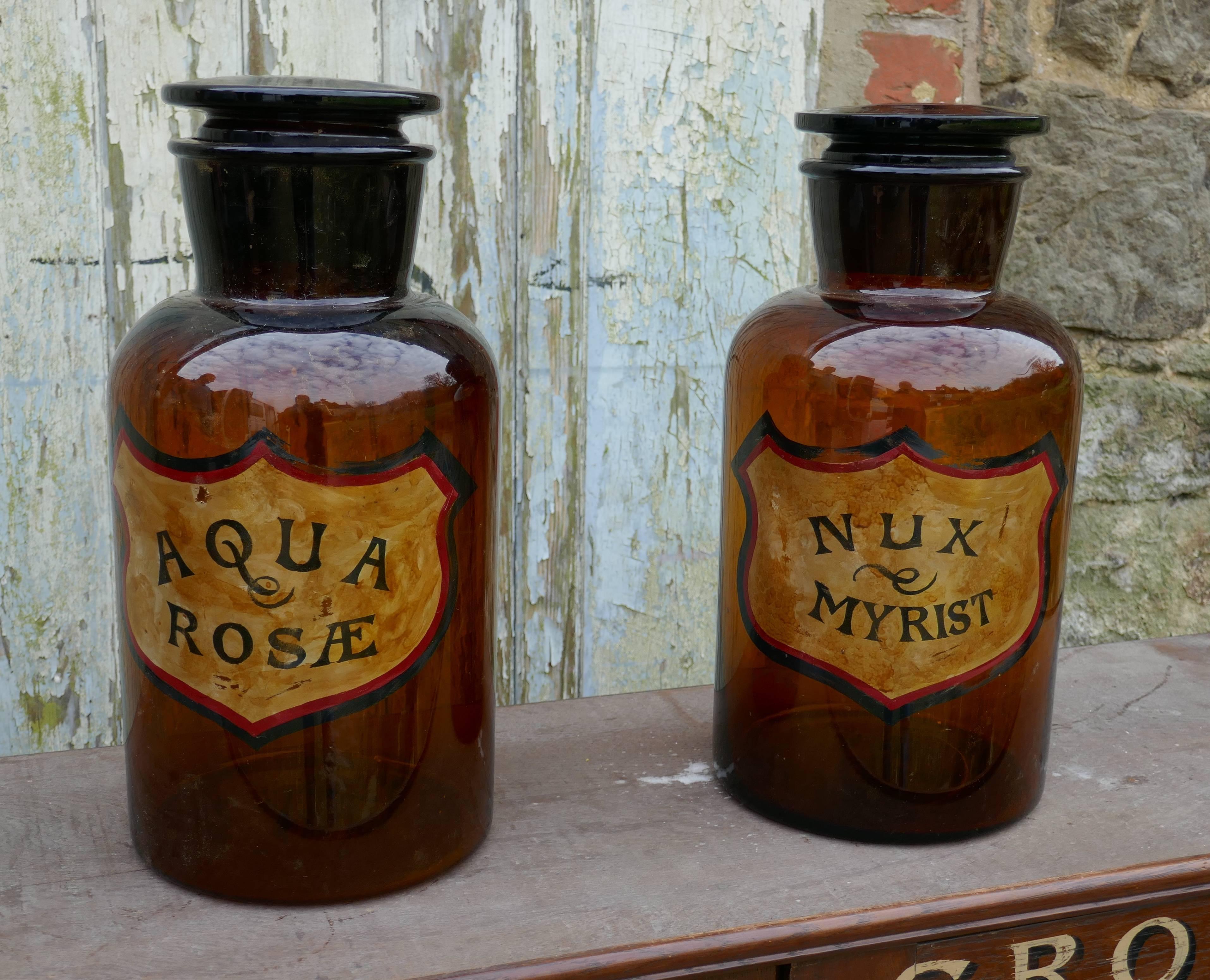 Industrial Pair of Very Large Amber Glass Chemist Jars, Large Stoppers