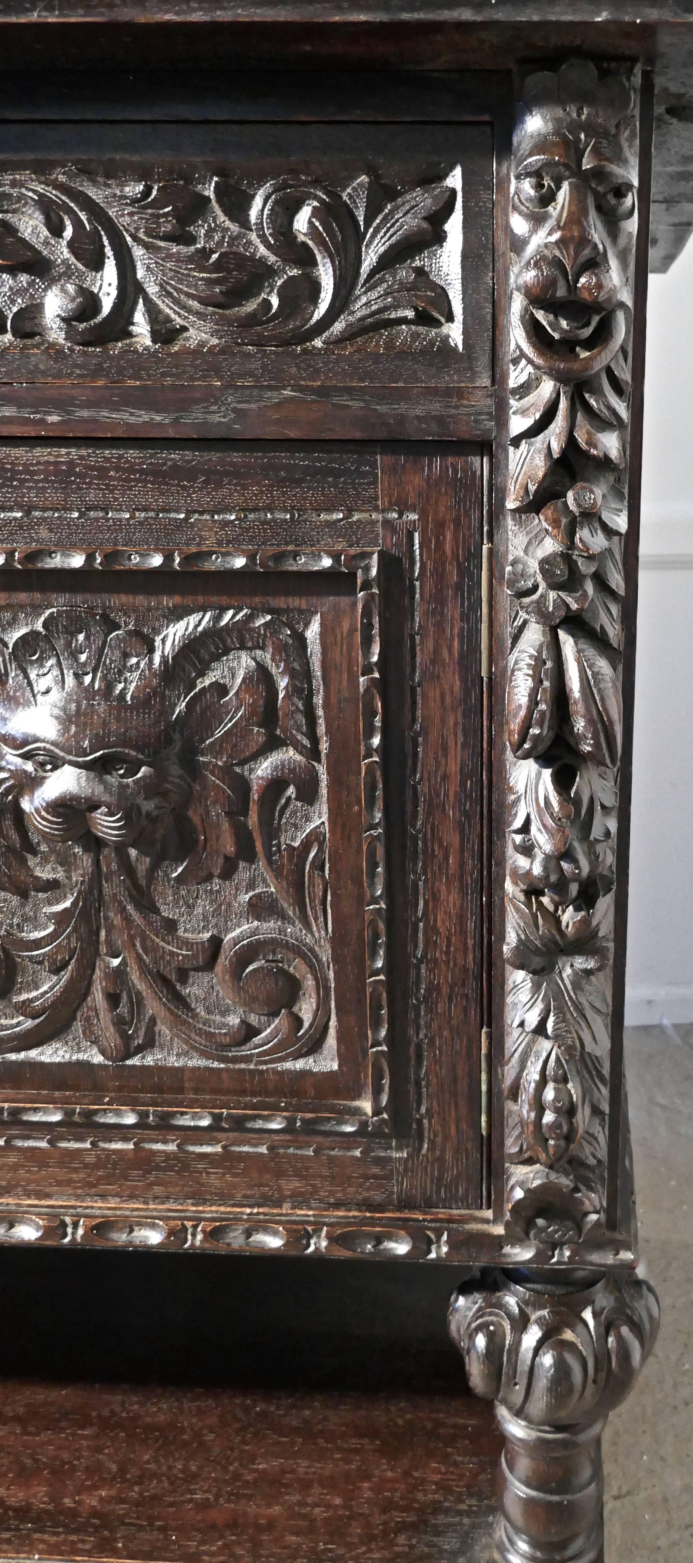 19th Century Carved Oak Mirror Back Dresser with Tree of Life, Green Man Carving 1
