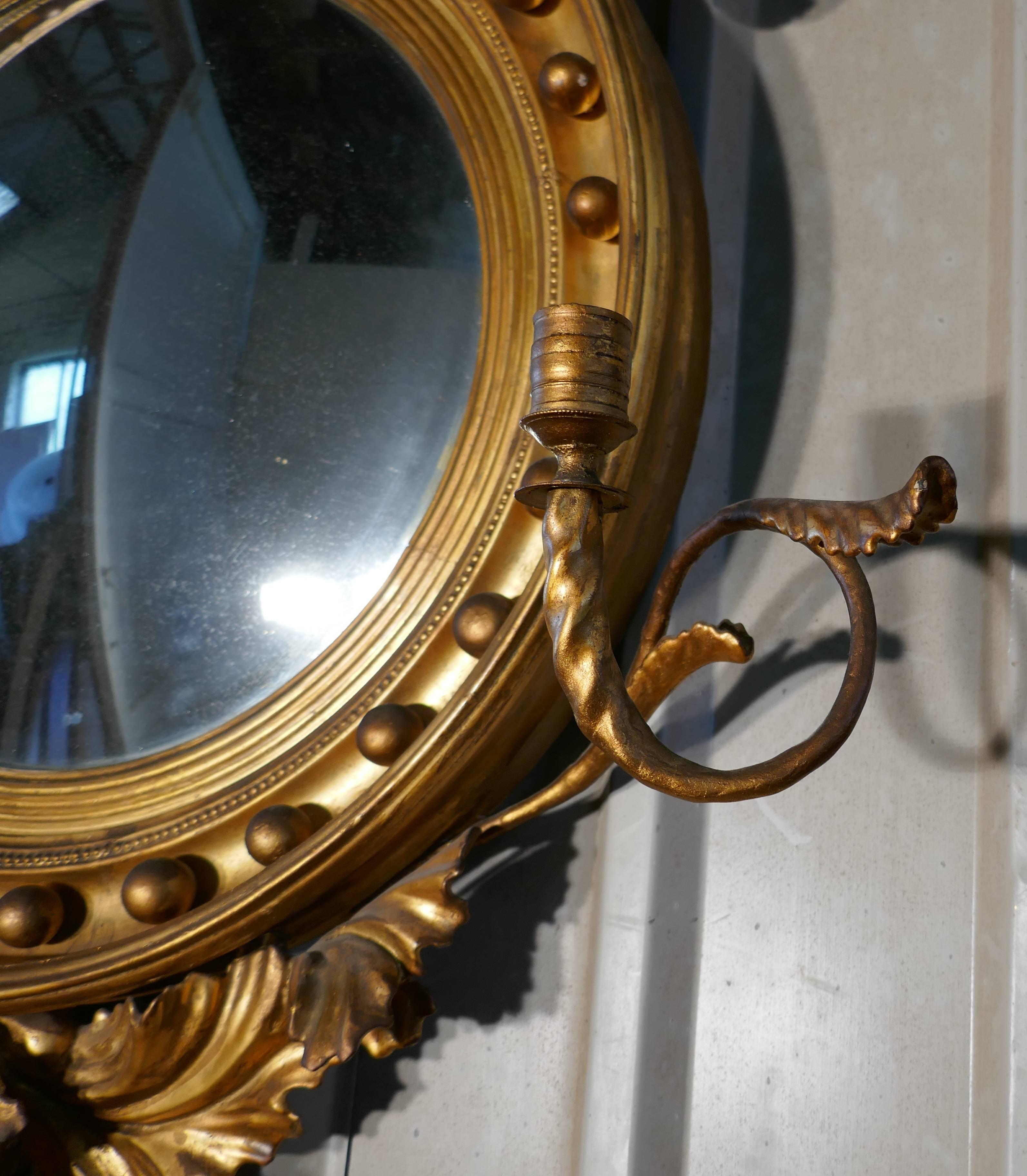 English Large Regency Convex Gilt Girandole Wall Mirror