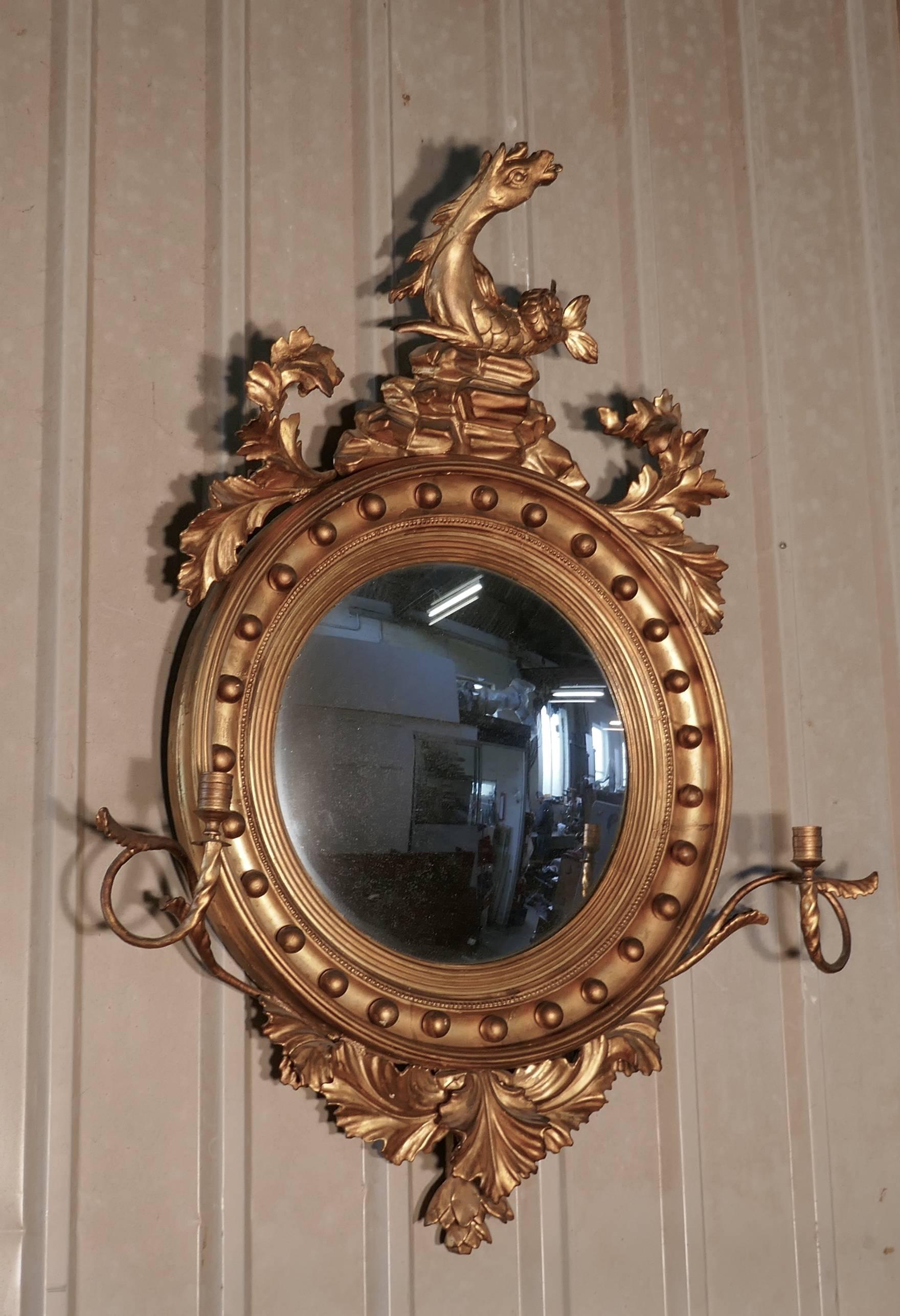 18th Century Large Regency Convex Gilt Girandole Wall Mirror
