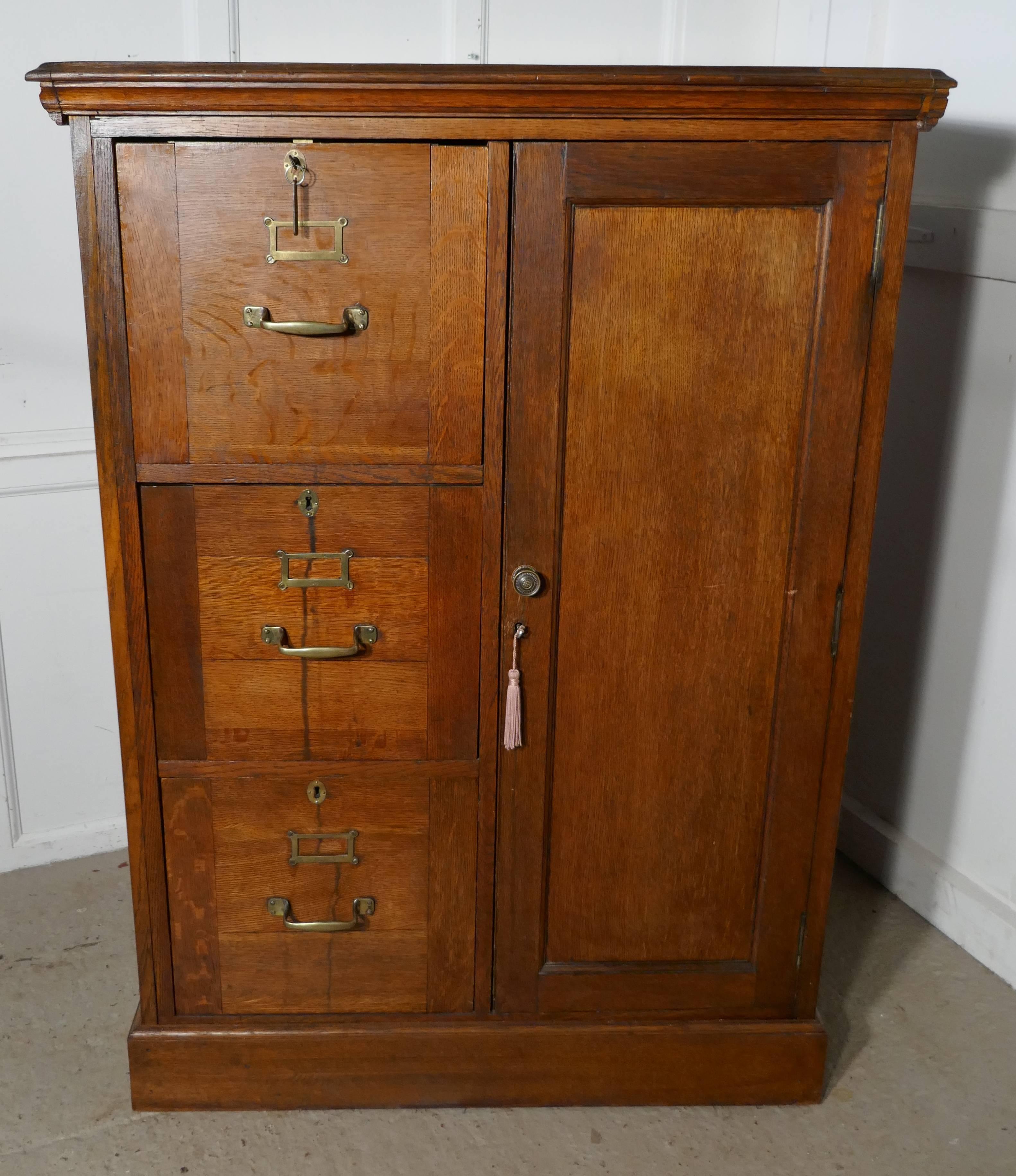 English Large Edwardian Oak Filing Cabinet, Office Cupboard