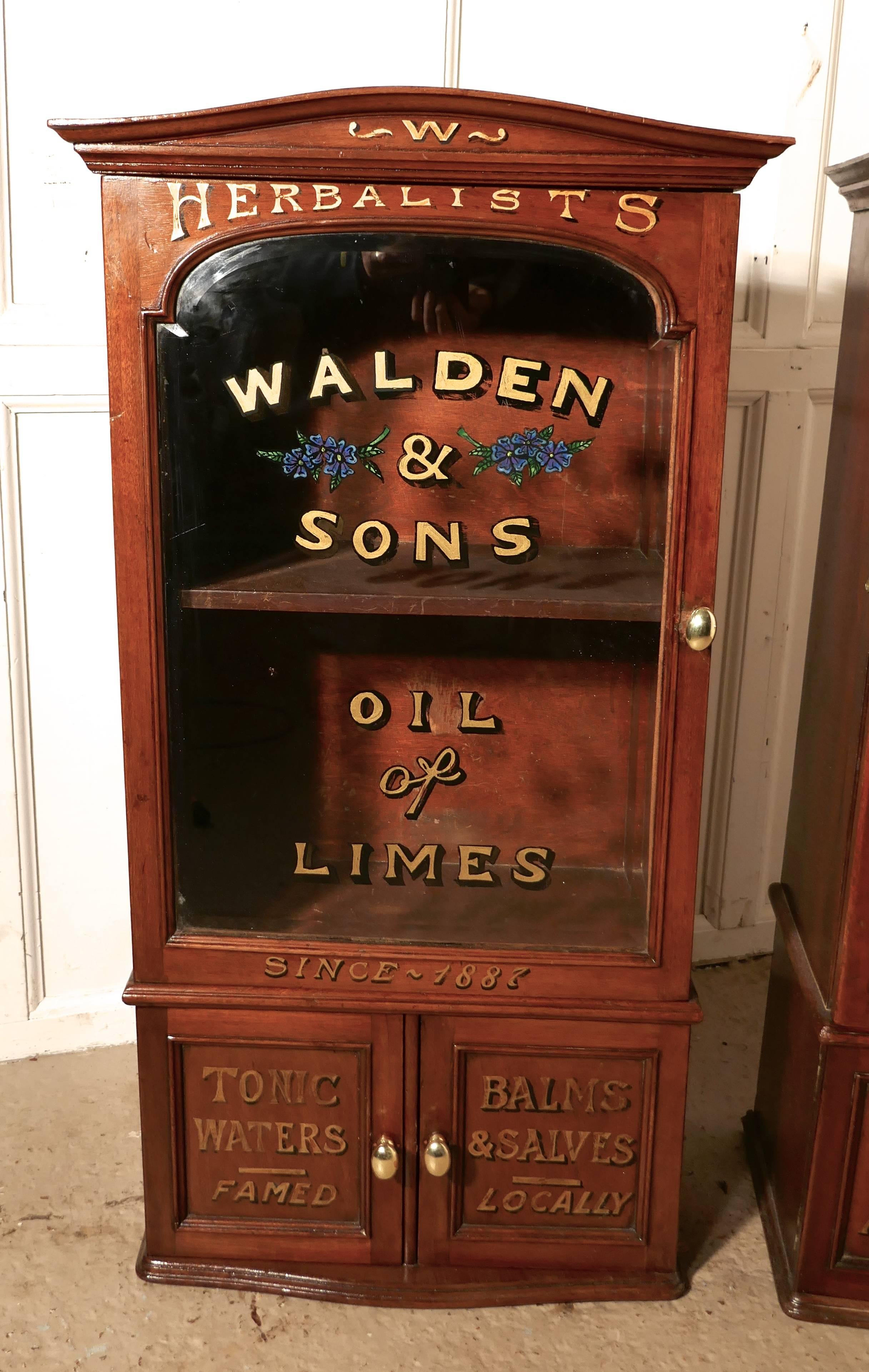 A pair of Victorian mahogany sign painted chemist’s or bathroom cupboards 

A lovely pair of Victorian chemist cabinets ideal for shop display or a very attractive pair of cupboards for a bathroom design.

The glass door on the front of each