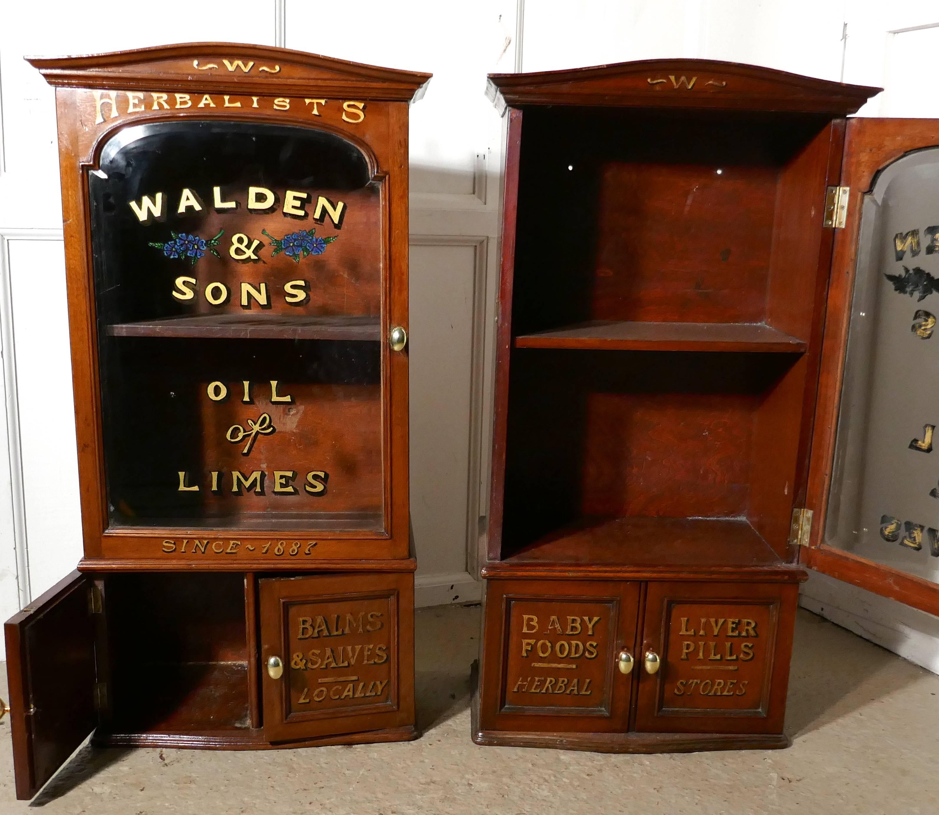 High Victorian Pair of Victorian Mahogany Sign Painted Chemist’s or Bathroom Cupboards 