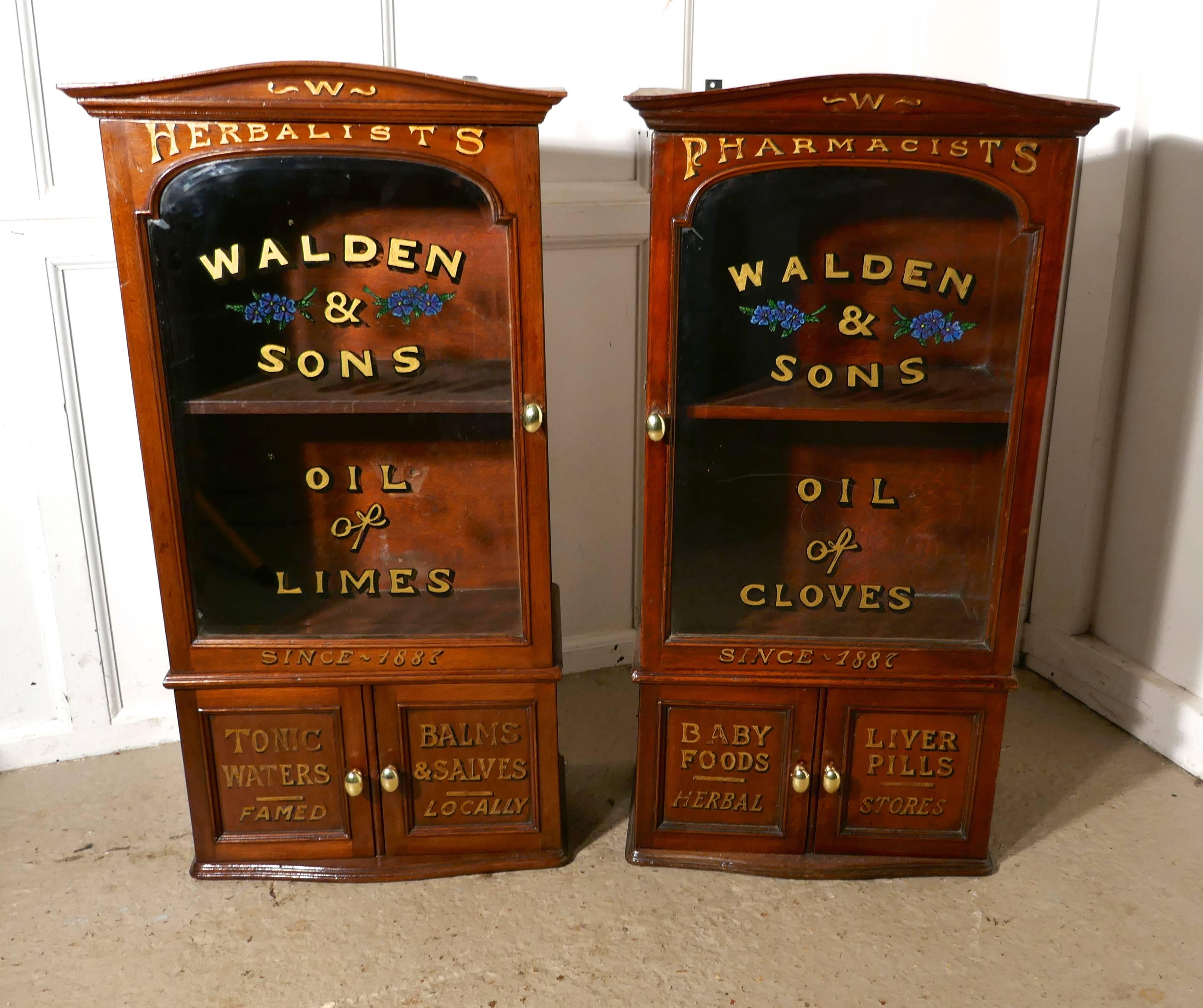 English Pair of Victorian Mahogany Sign Painted Chemist’s or Bathroom Cupboards 