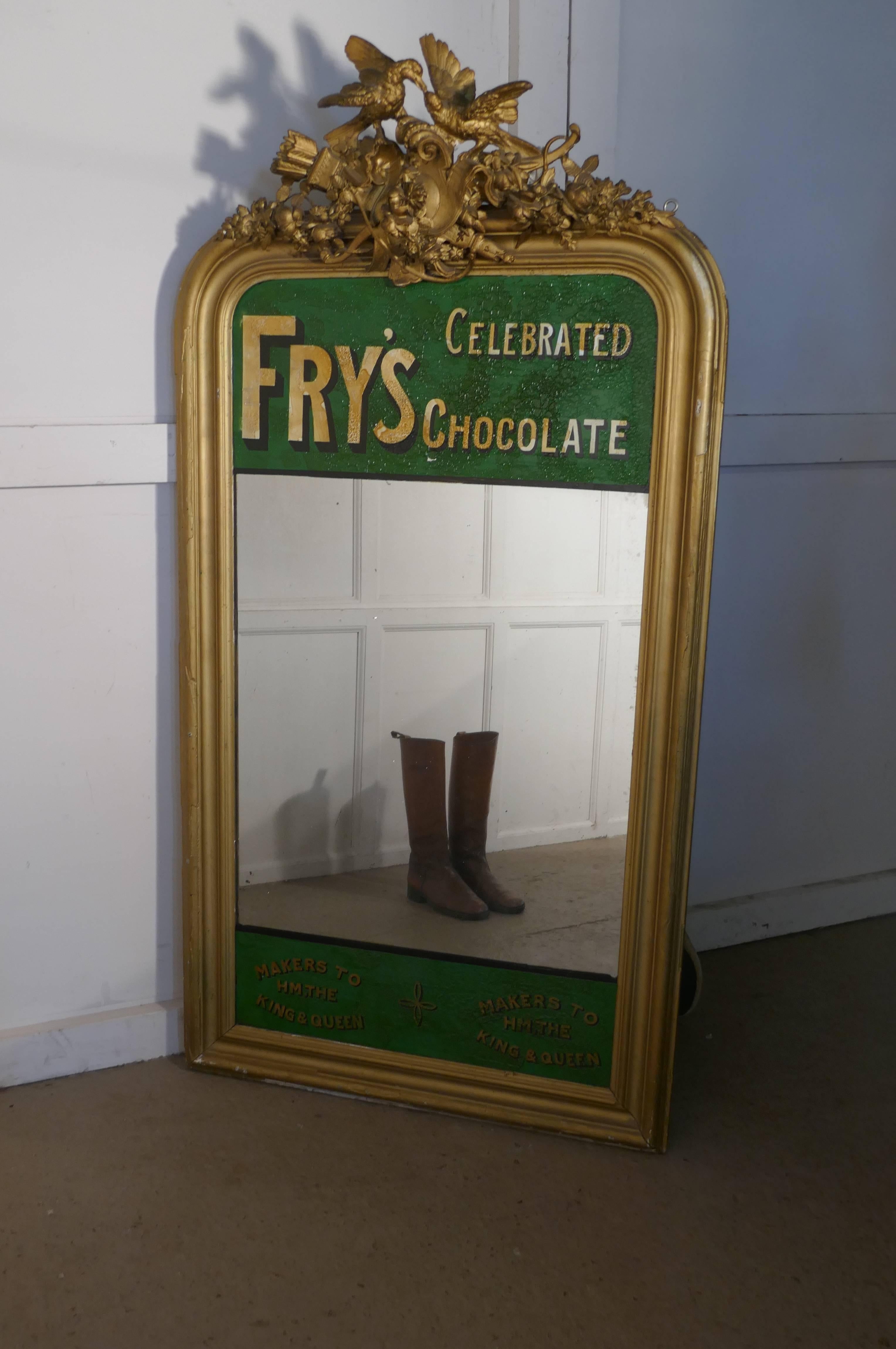 Large Victorian advertising mirror, Fry’s Chocolate overmantel

This is a superb quality and very large Victorian wall mirror or overmantel, it has the early Green and Gold colours associated with Fry’s Celebrated Chocolate advertising banner at